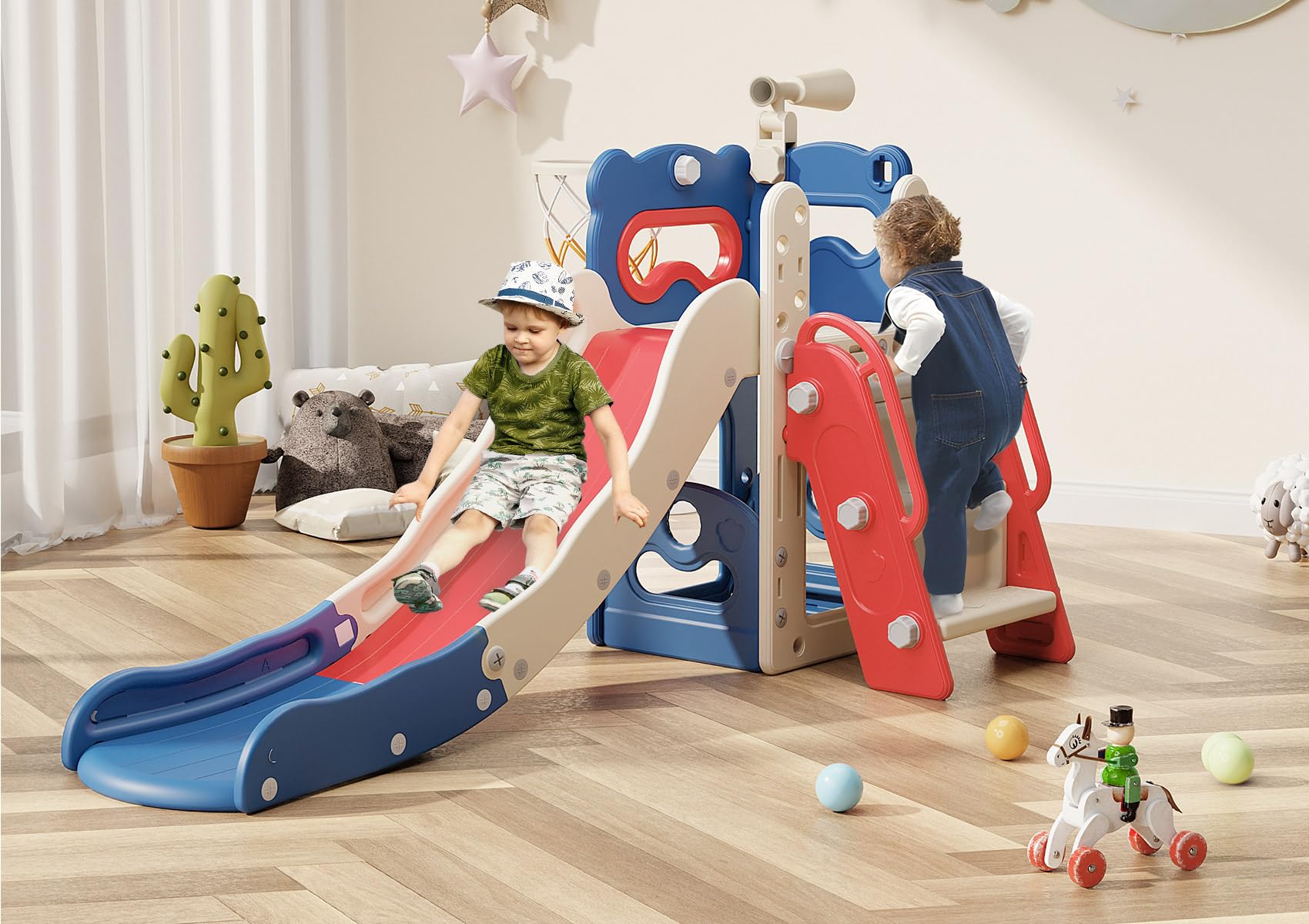 Babytronic 6-in-1 Toddler Slide Playset for Kids Ages 1-3 | Indoor & Outdoor Slide with Basketball Hoop & Telescope | Blue & Red Playground Toy for Backyard, Nursery & Daycare