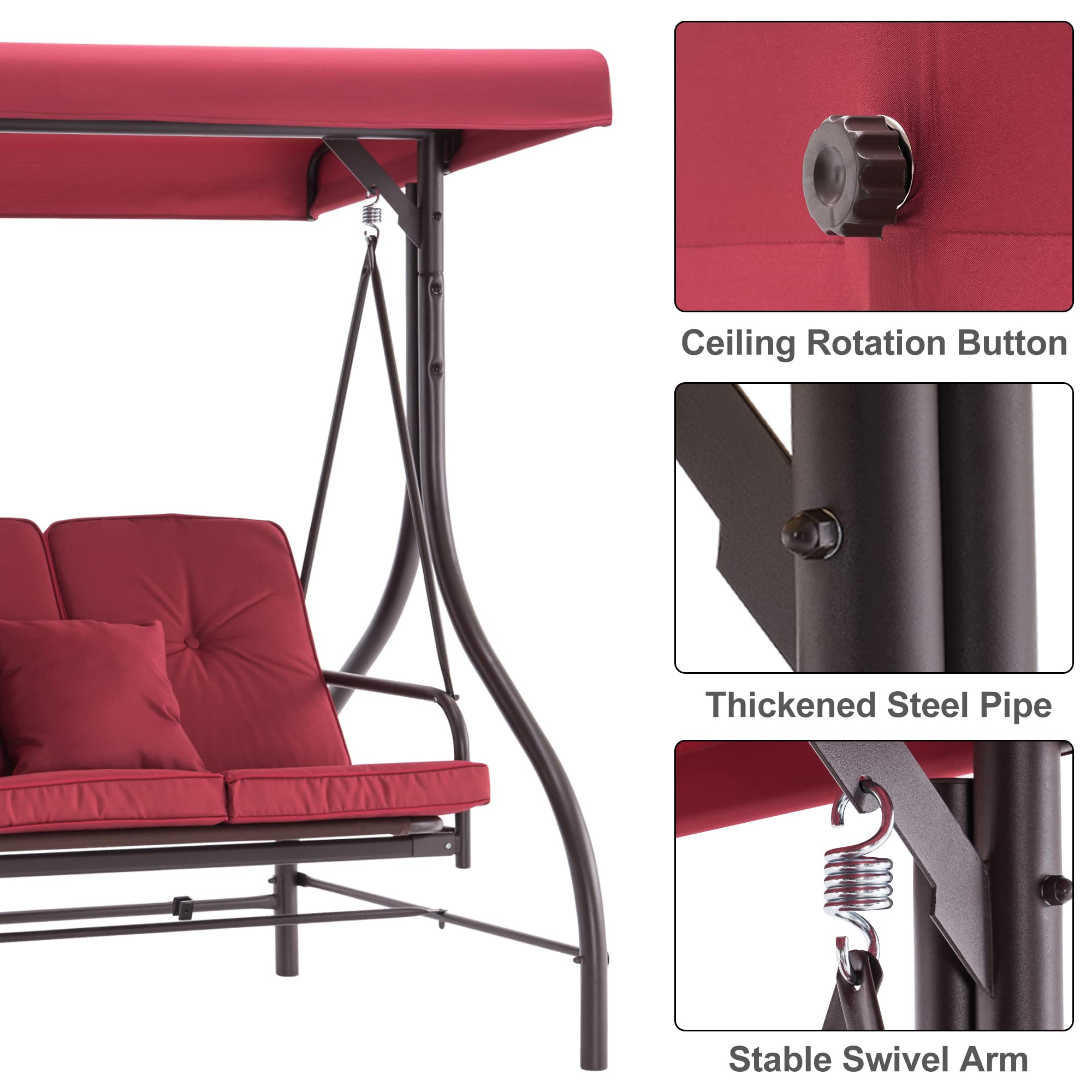 MCombo 3-Seat Outdoor Patio Swing Chair with Adjustable Backrest & Canopy - Porch Swing Glider with Cushions & Pillows - 4068 (Burgundy) - Perfect for Garden, Backyard, Deck or Balcony Relaxation