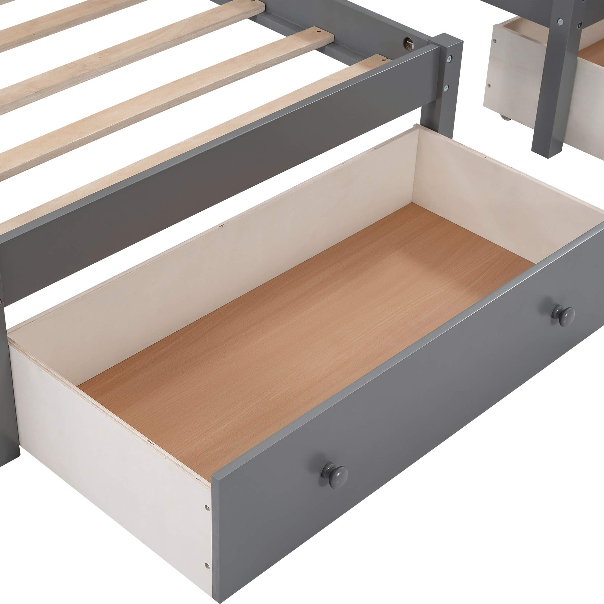 Full Over Twin & Twin Bunk Bed Frame - Solid Wood Triple Bunk Bed with Drawers & Guardrails for Kids, Teens & Adults - Space Saving Bedroom Furniture for Small Rooms, Dorms & Guest Rooms