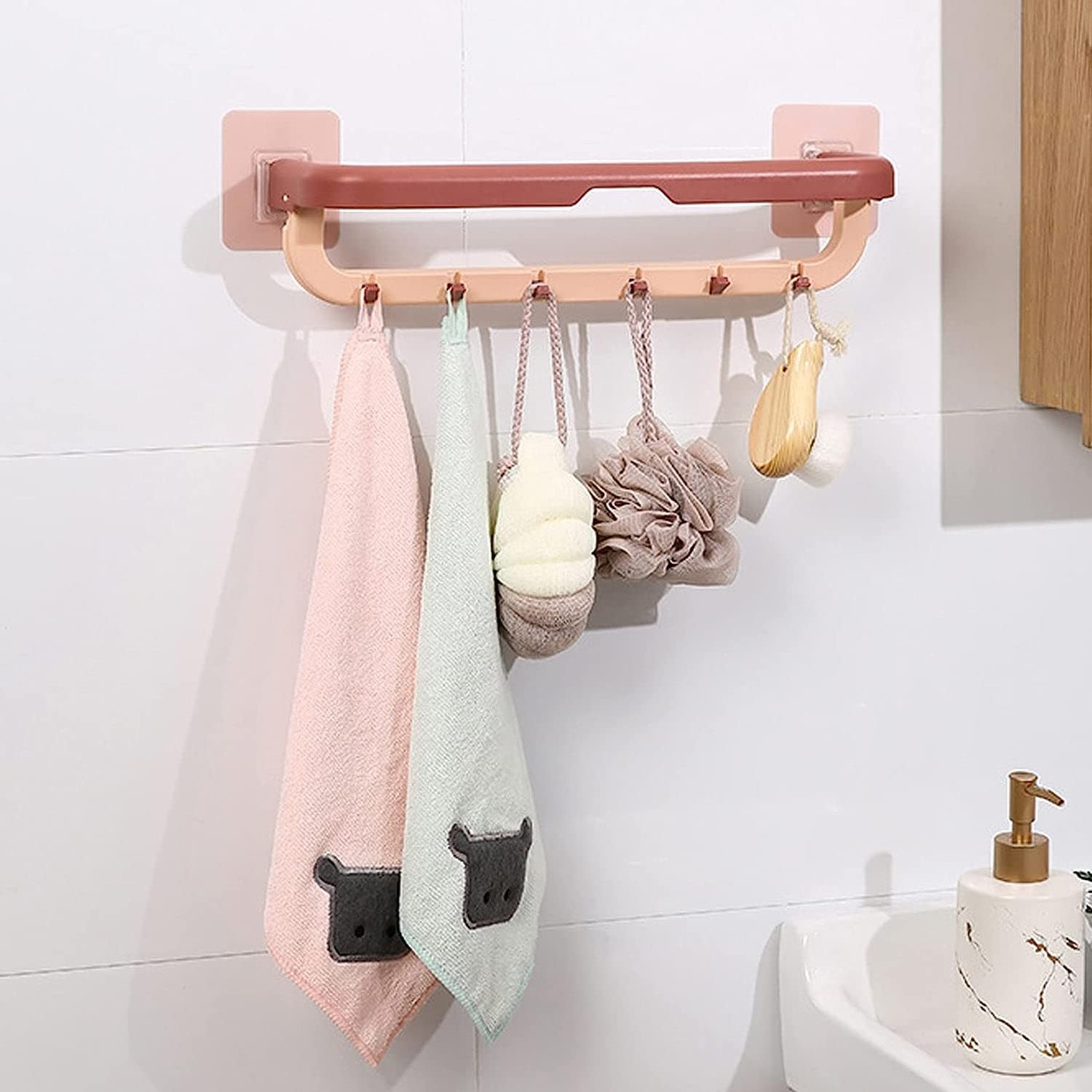 Wall Mounted Double Bar Towel Holder with Hooks - Adjustable Multifunctional Towel Rack for Kitchen & Bathroom - Folding Towel Shelf for Space Saving Storage & Organization