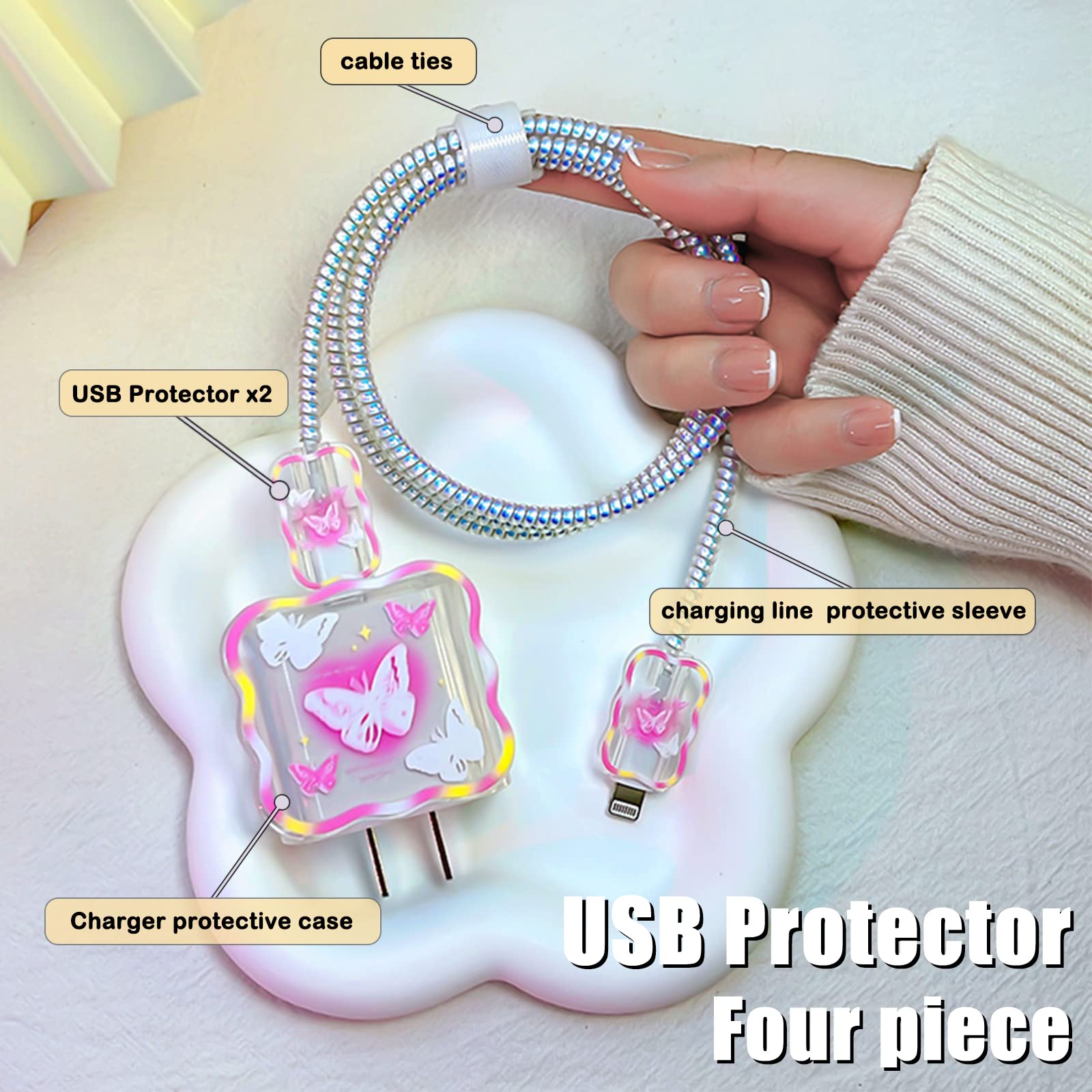 Pink Butterfly Cable Protector for iPhone Charger - Cute Waves Design USB Cord Saver Compatible with iPhone 11/12/13/14 Pro Max Plus - Perfect for Home, Office & Travel Use