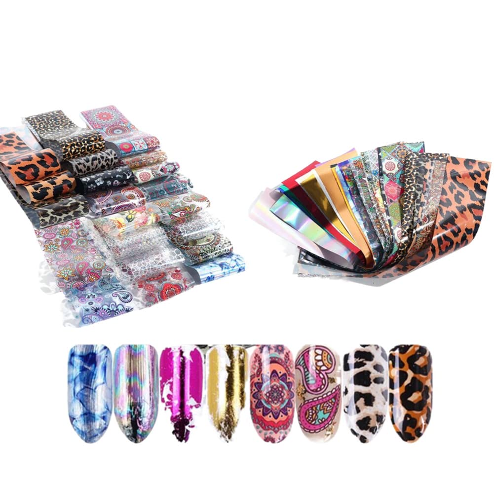 50 Sheets Nail Art Foil Transfer Stickers - Laser Flower & Leopard Print Holographic Nail Decals for DIY Manicure | Starry Sky & Metallic Designs | Perfect for Home Salon, Parties & Gift Giving