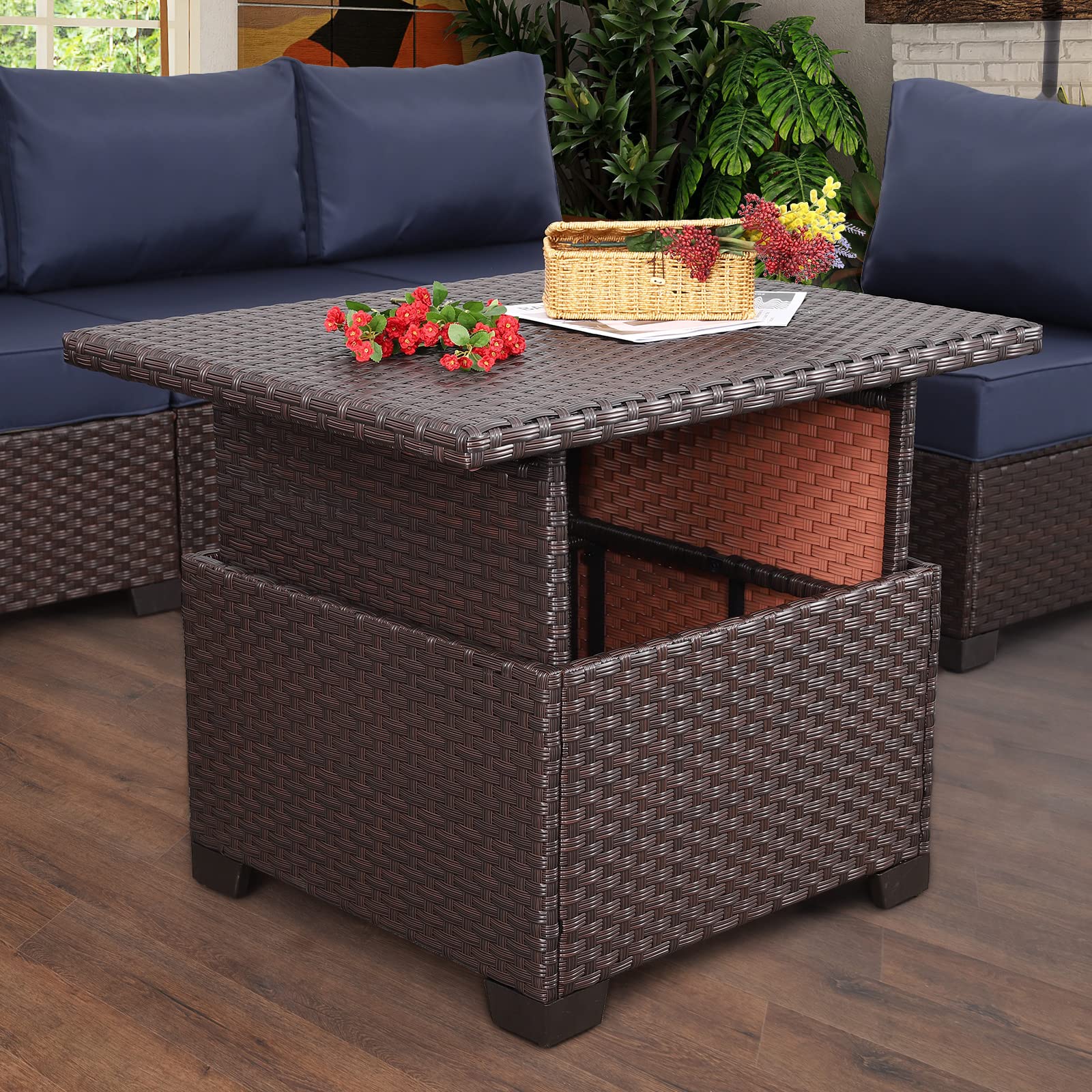 Brown Rattan Coffee Table with Hidden Storage - Lift-Top Wicker Patio Table for Outdoor Dining & Living Room Decor - Perfect for Gardens, Balconies, and Poolside Relaxation