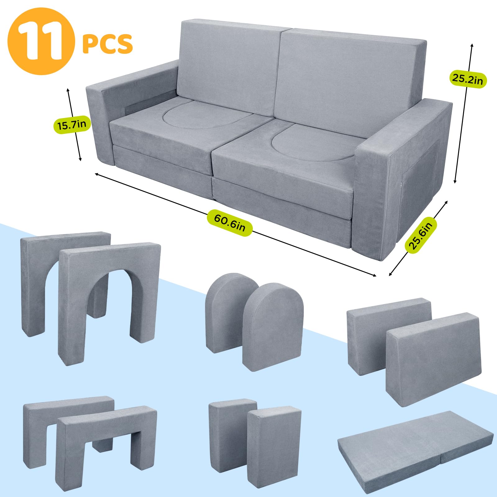 11-Piece Kids Play Couch Set - Premium Toddler Sofa for Children & Teens - Soft Play Furniture for Bedroom, Playroom & Living Room - Perfect Gift for Creative Boys & Girls - Great for Reading Nooks, Fort Building & Imaginative Play
