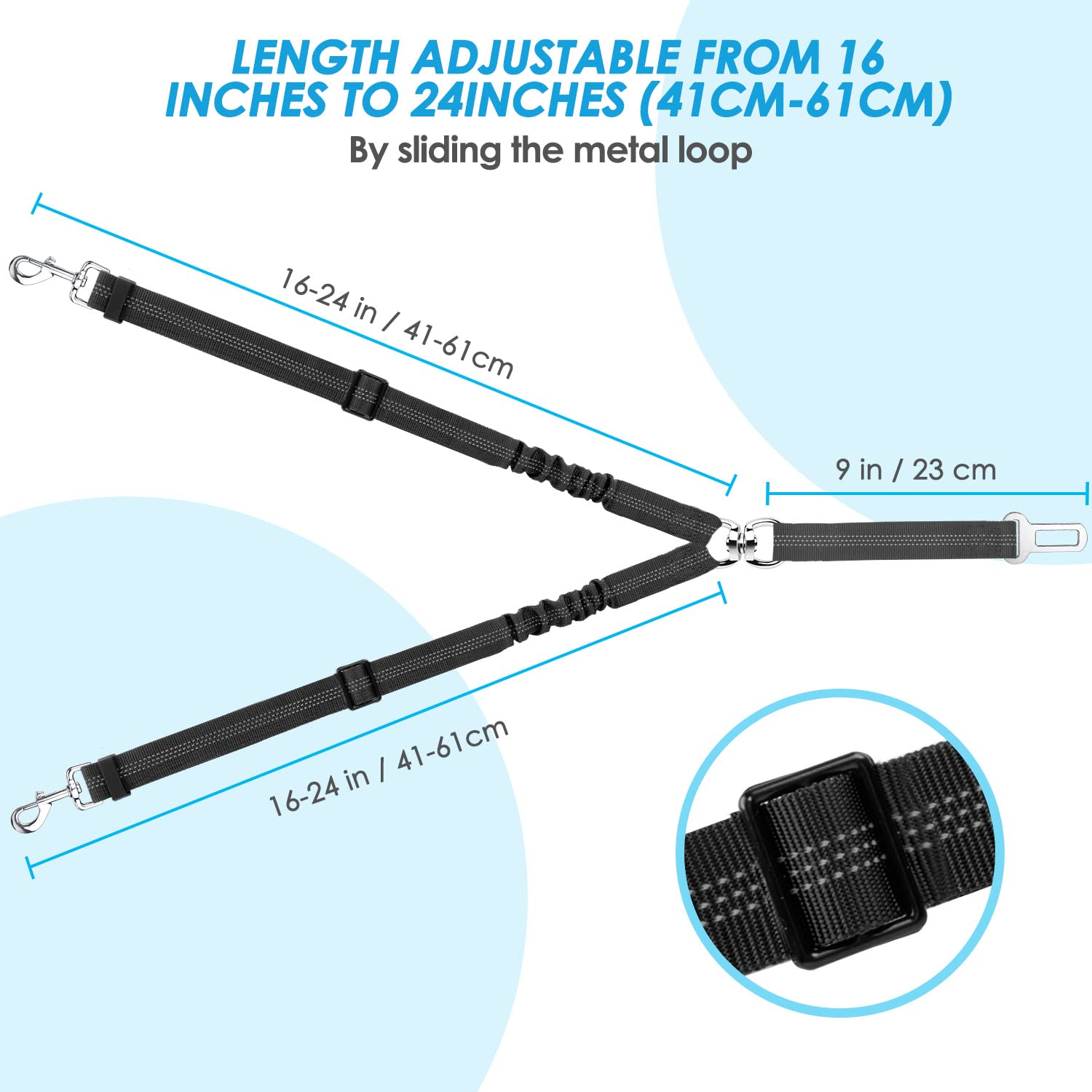 SlowTon Adjustable Double Dog Seat Belt - Y-Shape No Tangle Pet Car Harness with Elastic Bungee & Reflective Safety Leash for Vehicle Travel (Black, Small) - Perfect for Road Trips with Two Dogs
