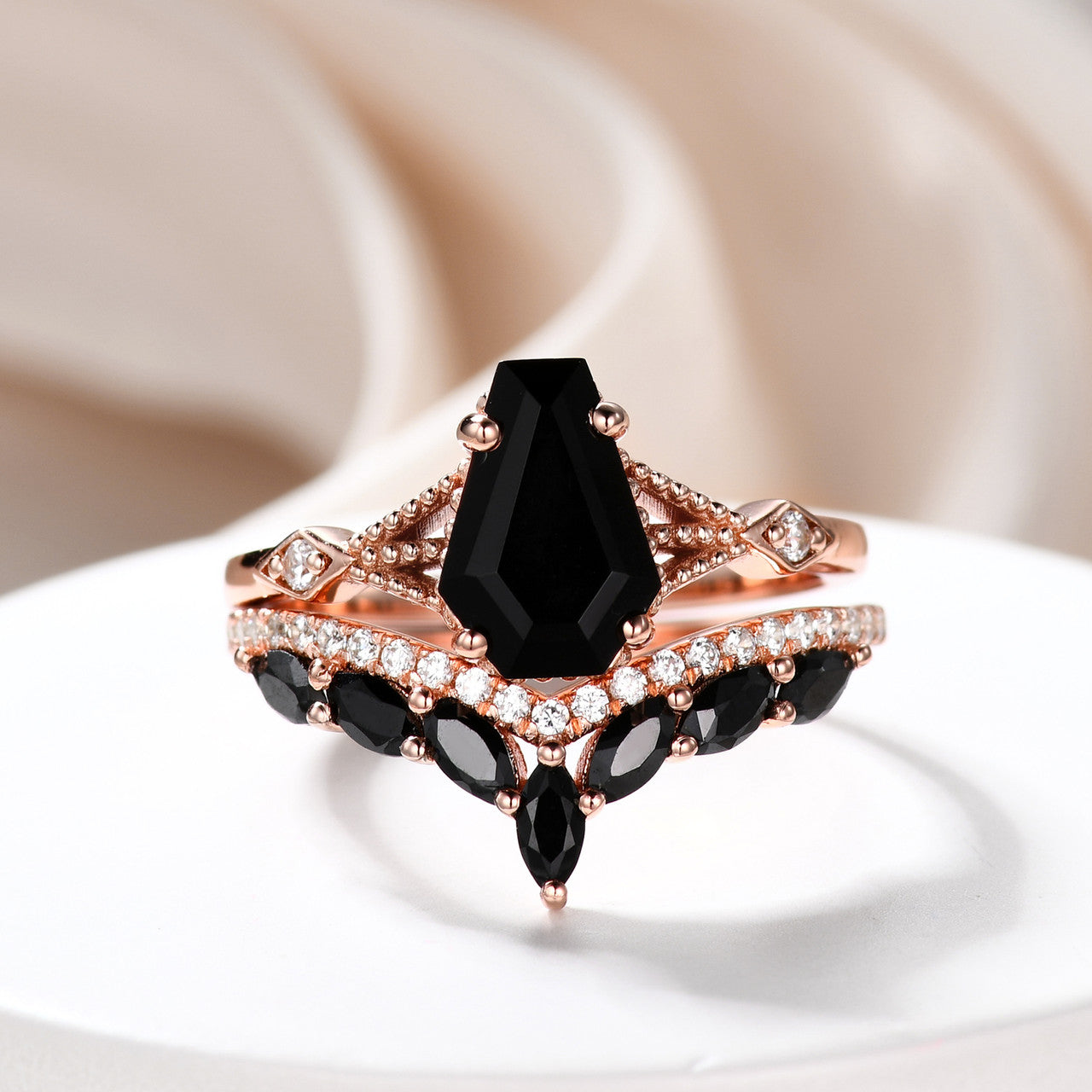 Gothic Skull Coffin Ring Set - Blue Goldstone Engagement Ring & Black Spinel Wedding Band for Alternative Couples, Dark Romance Jewelry Gift for Halloween, Vampire Themed Weddings
