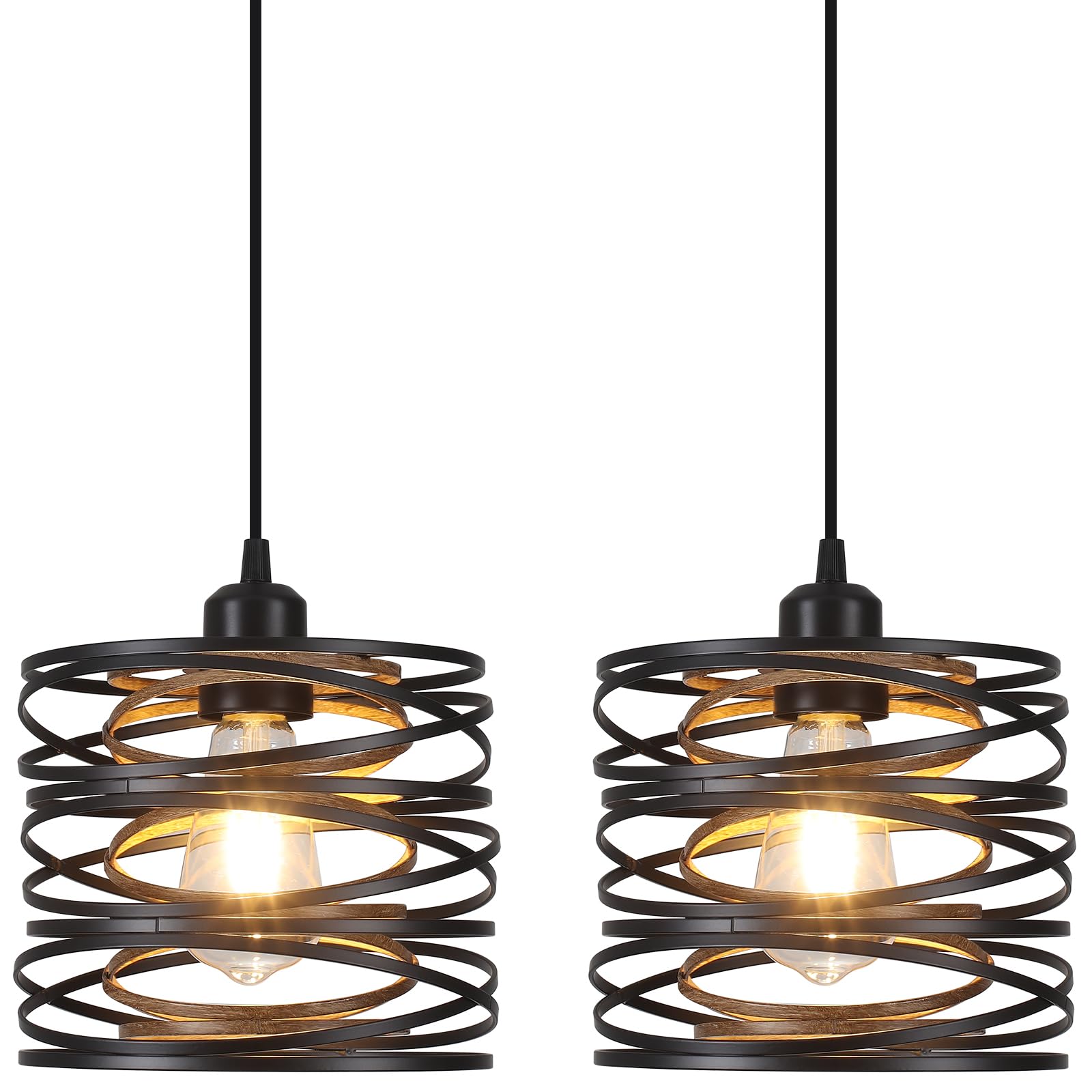 2 Pack Black Industrial Pendant Lights - Metal Hanging Light Fixtures with Wood Farmhouse Design for Kitchen Island, Dining Room, Bedroom, Bar & Office - ETL Certified | Perfect for Modern Homes, Restaurants and Workspaces