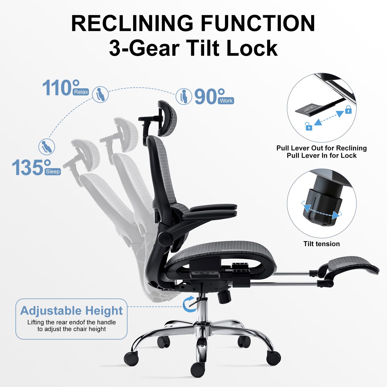 Ergonomic Office Chair with Tilt Function, Adjustable Headrest & Flip-Up Armrests - Breathable Mesh Back with Footrest, SGS Certified Gas Cylinder - Perfect for Home Office, Gaming & Workspaces