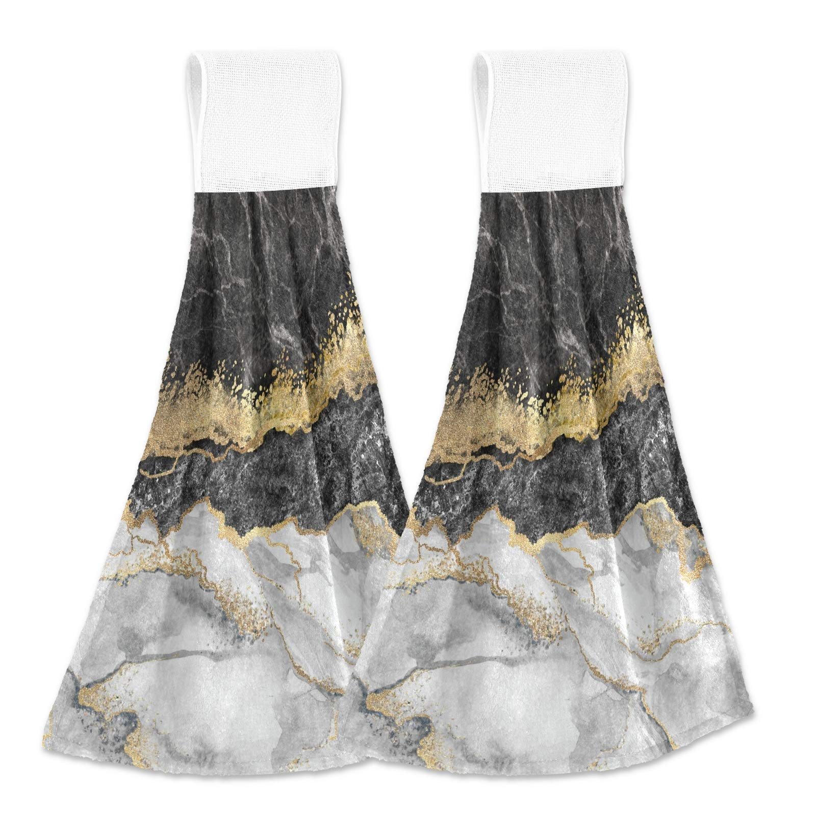 Premium Black & White Marble Gold Foil Kitchen Hand Towels Set of 2 - Super Absorbent, Quick Dry, Soft Hanging Dish Towels for Cooking, Cleaning & Decor - Perfect for Home Kitchen, Bathroom & Dining Room Decor