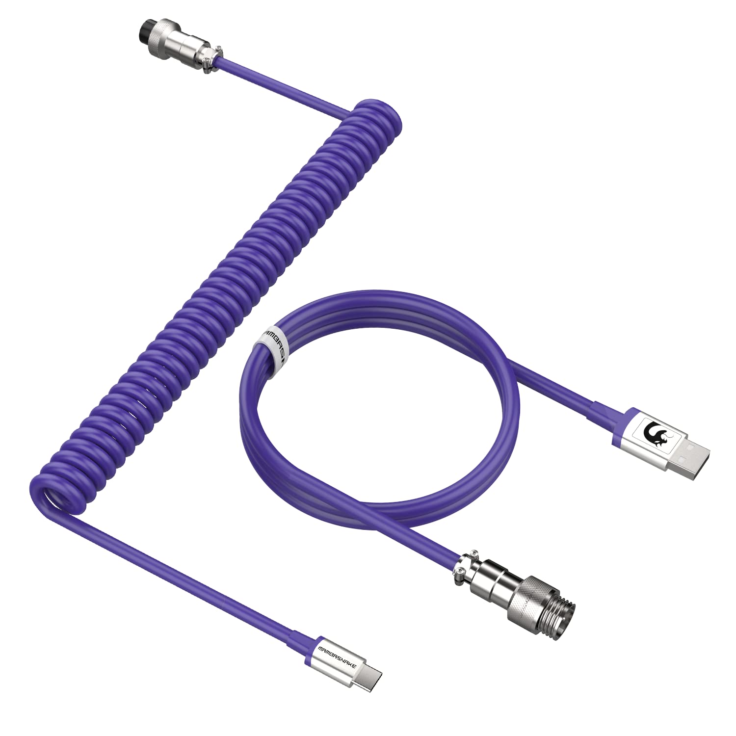 MAMBASNAKE C01 Spiral USB-C to USB-A Coiled Keyboard Cable - Custom Pro Coiled Cord for Mechanical Keyboards with Detachable Aviation Connector, TPU Braided Gaming Cable for PC Mac (Purple) - Perfect for Typing, Gaming & Streamer Setups