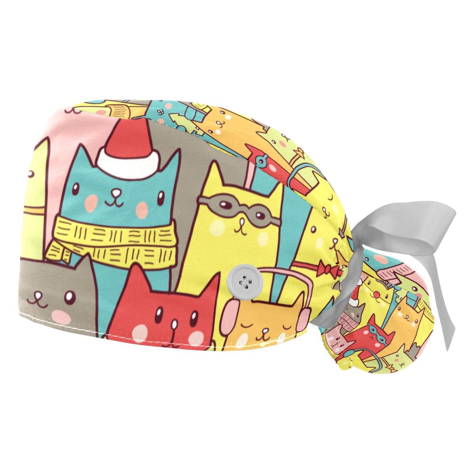 Cat Princess Heart Scrub Hats for Women & Men - 2 Pack Long Hair Working Caps with Adjustable Button & Sweatband | Unisex Tie Back Surgical Hats for Nurses, Doctors & Healthcare Workers | Perfect for Hospitals, Clinics & Medical Professionals