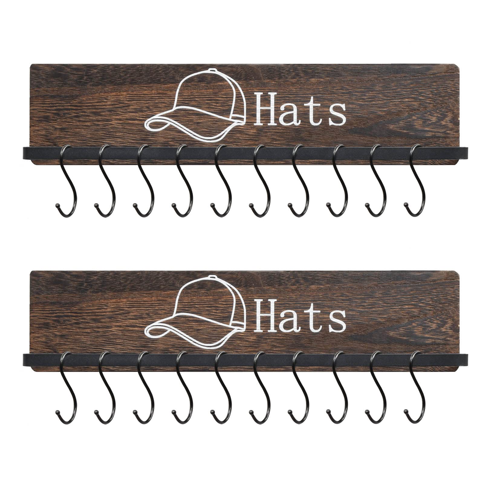 FANGSUN Wooden Wall Mounted Hat Rack with 20 Hooks - Rustic Metal Baseball Cap Organizer & Display for Closet, Bedroom, Entryway - Set of 2 - Perfect for Organizing Caps, Hats, and Accessories in Small Spaces