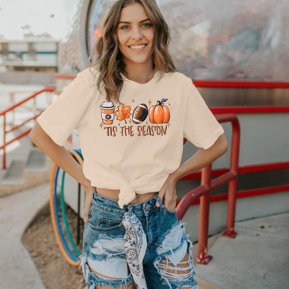 Funny Thankful Pumpkin T-Shirt for Women - Casual Graphic Short Sleeve Fall Top with Leaves Design | Perfect Thanksgiving Gift & Autumn Outfit