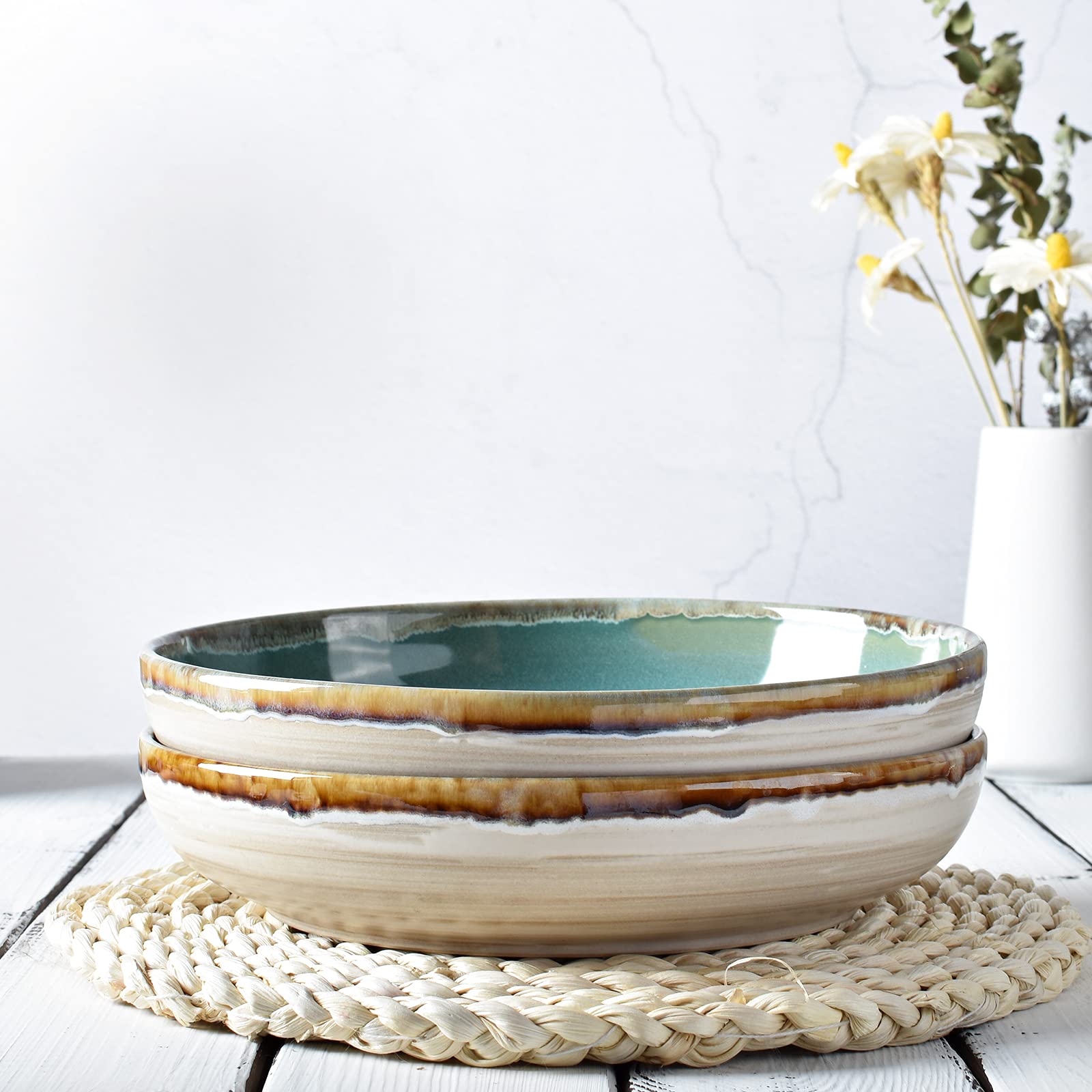 Bosmarlin 40oz Stoneware Pasta Bowls Set of 4 - Large Microwave & Dishwasher Safe Salad Bowls for Pasta, Soup, Cereal - Turquoise Green 9.3 Inch Serving Dishes for Family Dinners & Entertaining
