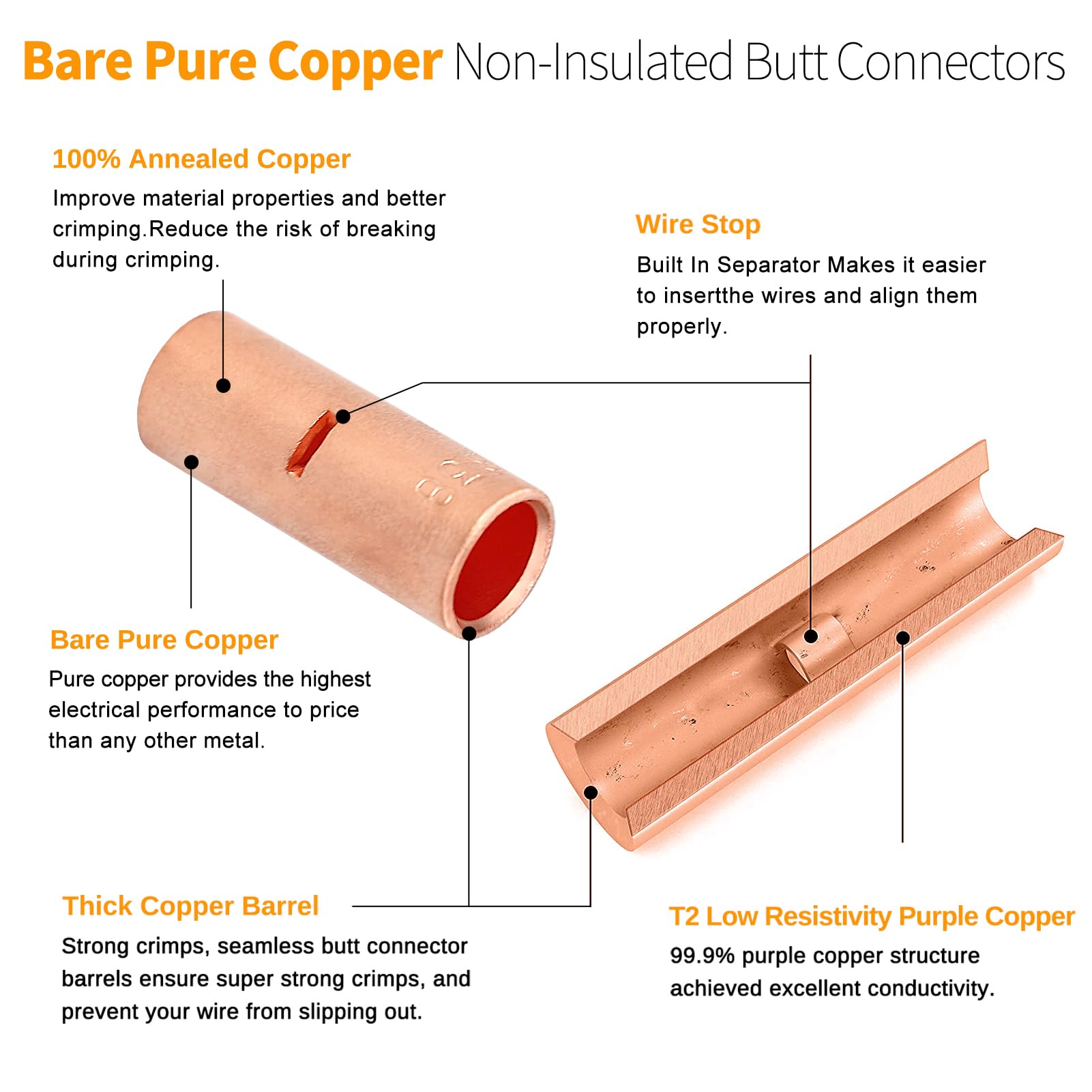 380PCS Pure Copper Non-Insulated Butt Connector Kit - 26-6 Gauge Wire Crimp Terminals for Automotive, Marine & Electrical Wiring Projects | High Conductivity Bare Splice Connectors for Reliable Wire Connections