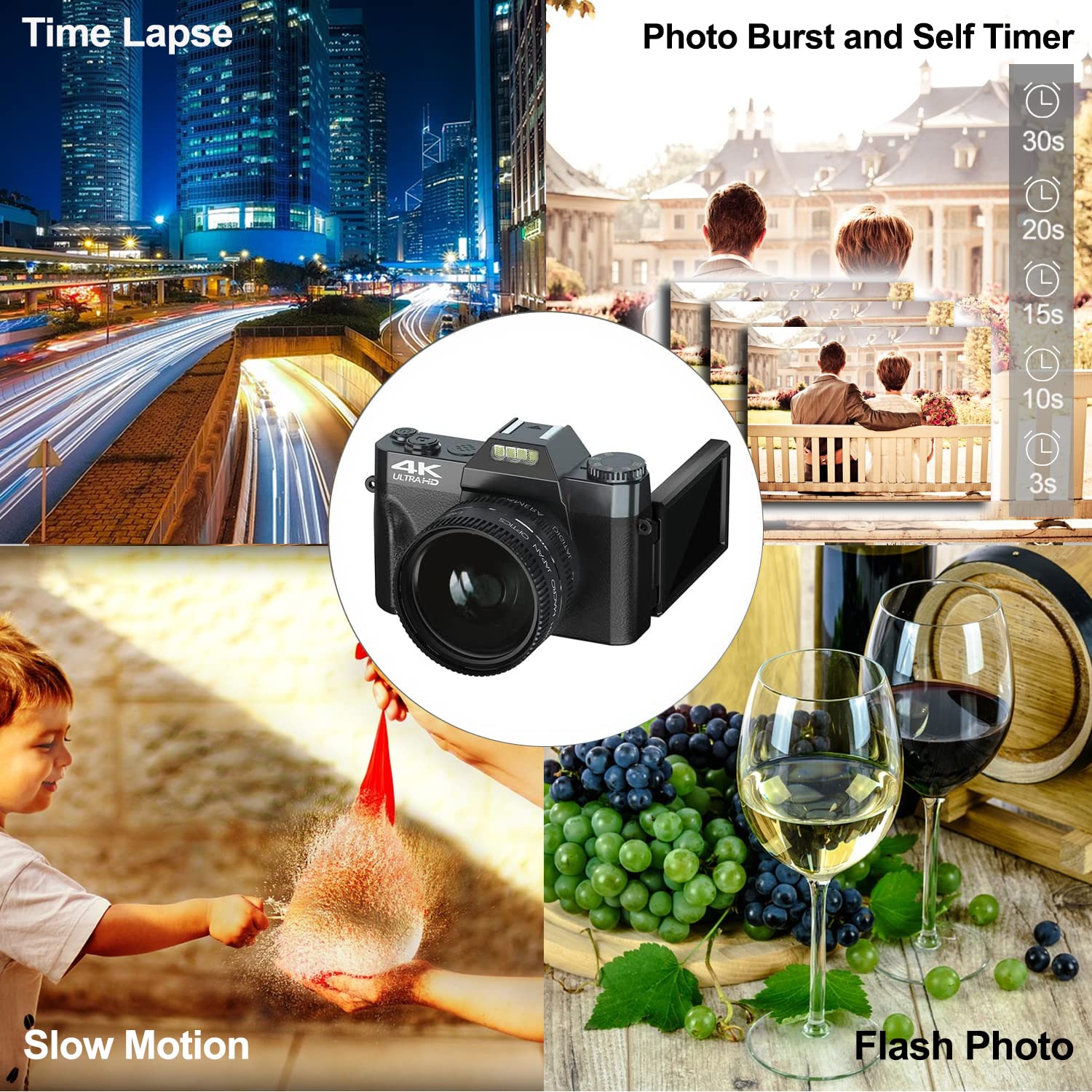 Acuvar 4K 48MP Digital Camera for Photography & YouTube Vlogging - 3.0’’ 180° Flip Screen, WiFi, 16X Zoom, Wide Angle/Macro Lens, Rechargeable Battery, 64GB SD Card (Black) - Perfect for Travel, Blogging & Content Creation