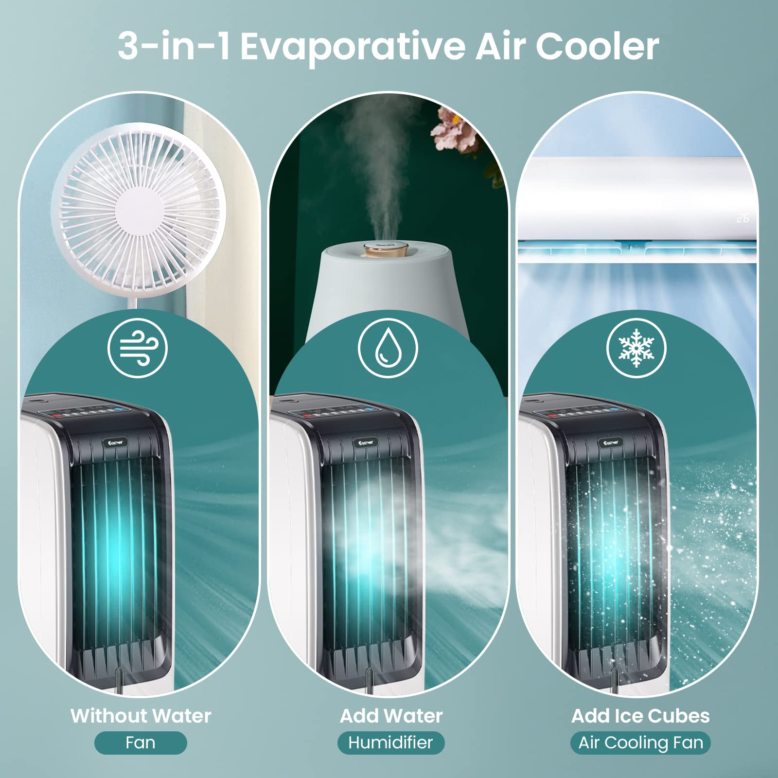 COSTWAY 3-in-1 Portable Evaporative Air Cooler with Remote Control | 8-Hour Timer & 2 Ice Crystal Boxes | Quiet Operation for Bedroom, Home & Office | Perfect for Summer Cooling & Indoor Comfort