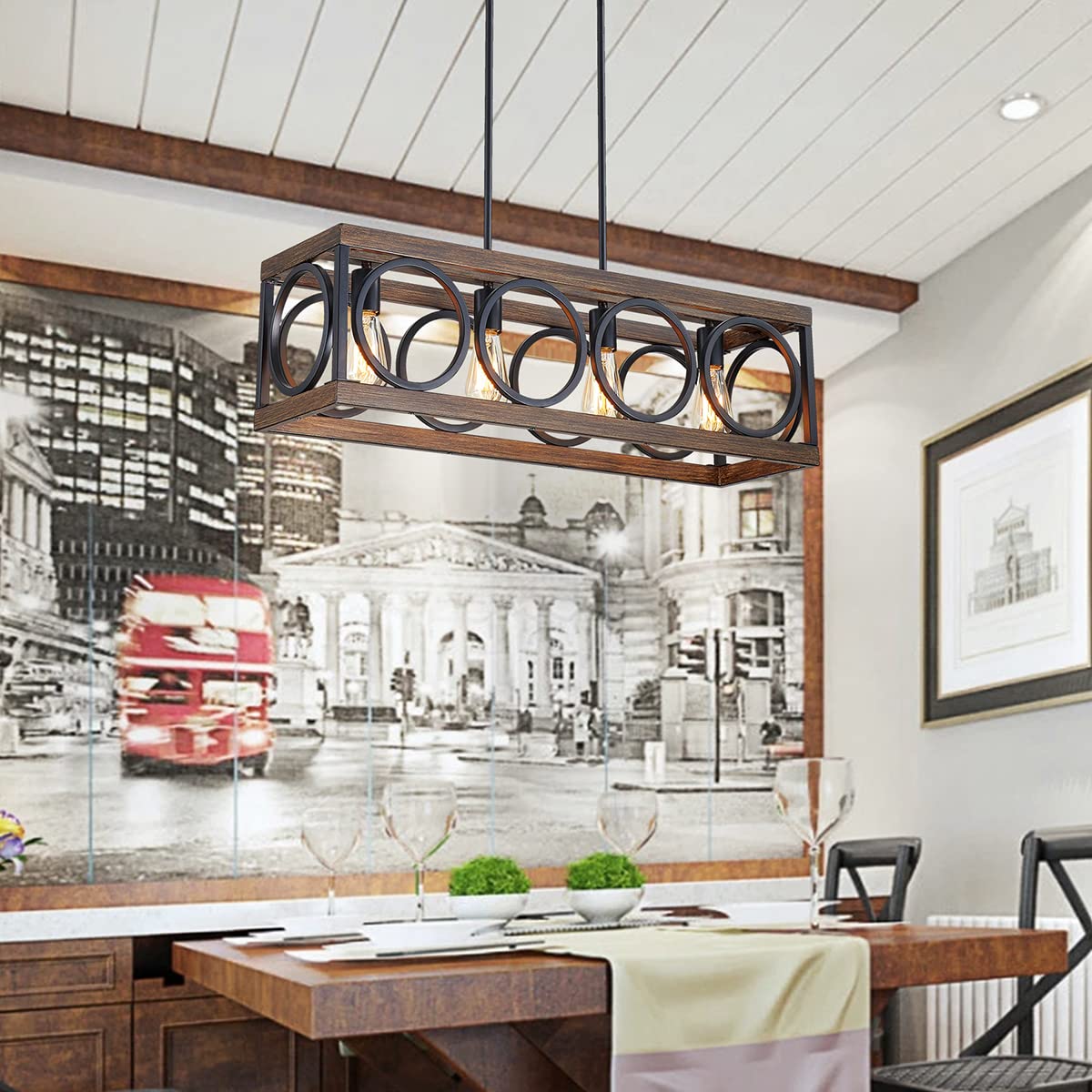 XINGQI Black Kitchen Island Light Fixture - Farmhouse Rectangular Linear Chandelier with Wood Grain Finish | 4-Light Pendant Ceiling Lighting for Dining Room, Bar, Office & Coffee Shop | Perfect for Modern Rustic & Industrial Decor