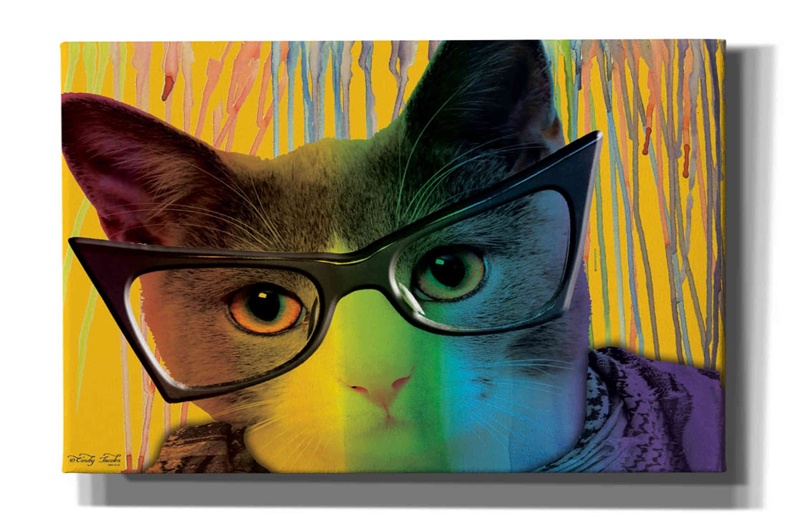 Epic Graffiti 'Cat in Glasses' by Cindy Jacobs - Modern Canvas Wall Art Print 40x26 Inches - Perfect for Living Room, Bedroom & Office Decor