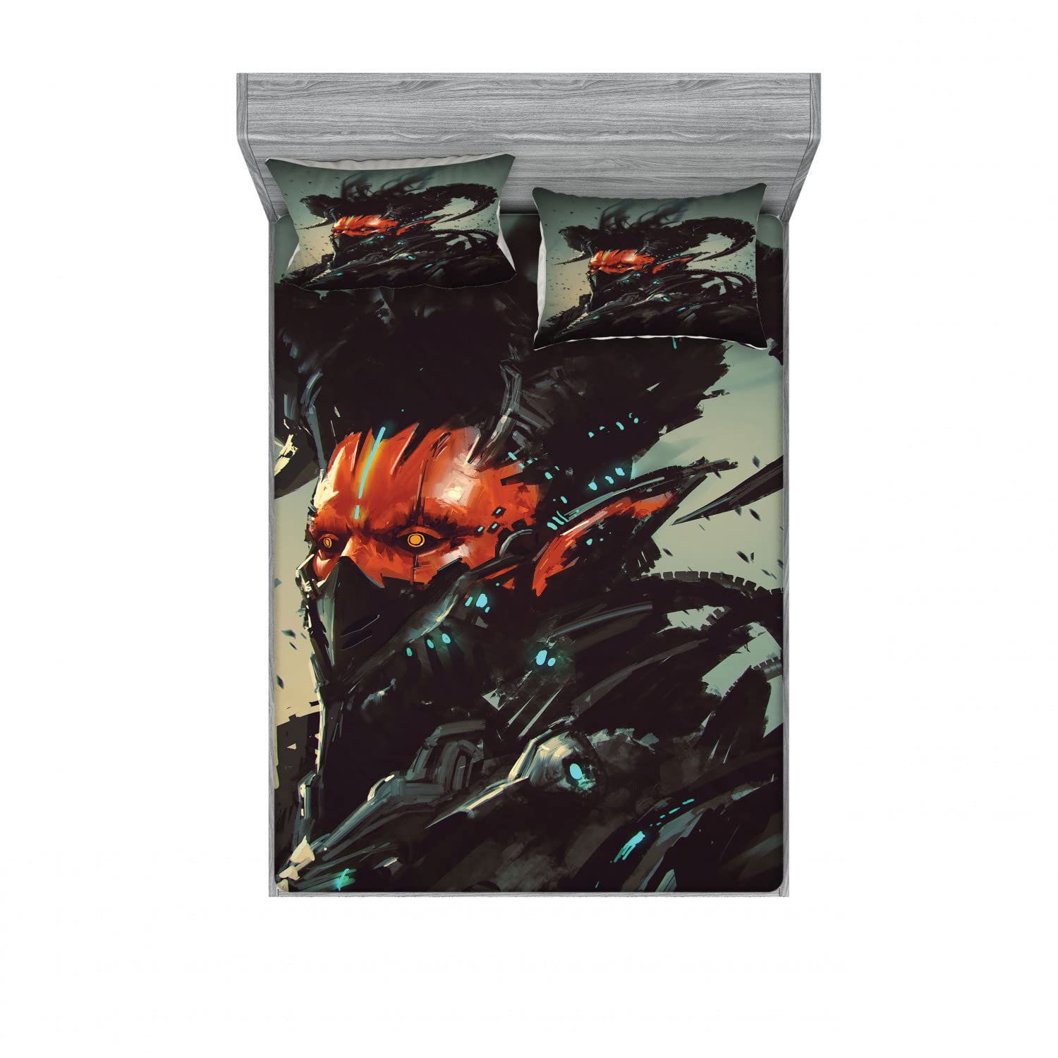 Ambesonne Fantasy 2-Piece Fitted Sheet & 4-Piece Pillow Sham Set, Gothic Demon Computer Print, Twin XL Size, Black and Red Bedding Decor - Perfect for Halloween, Gaming Room, or Dark Theme Bedroom Decor