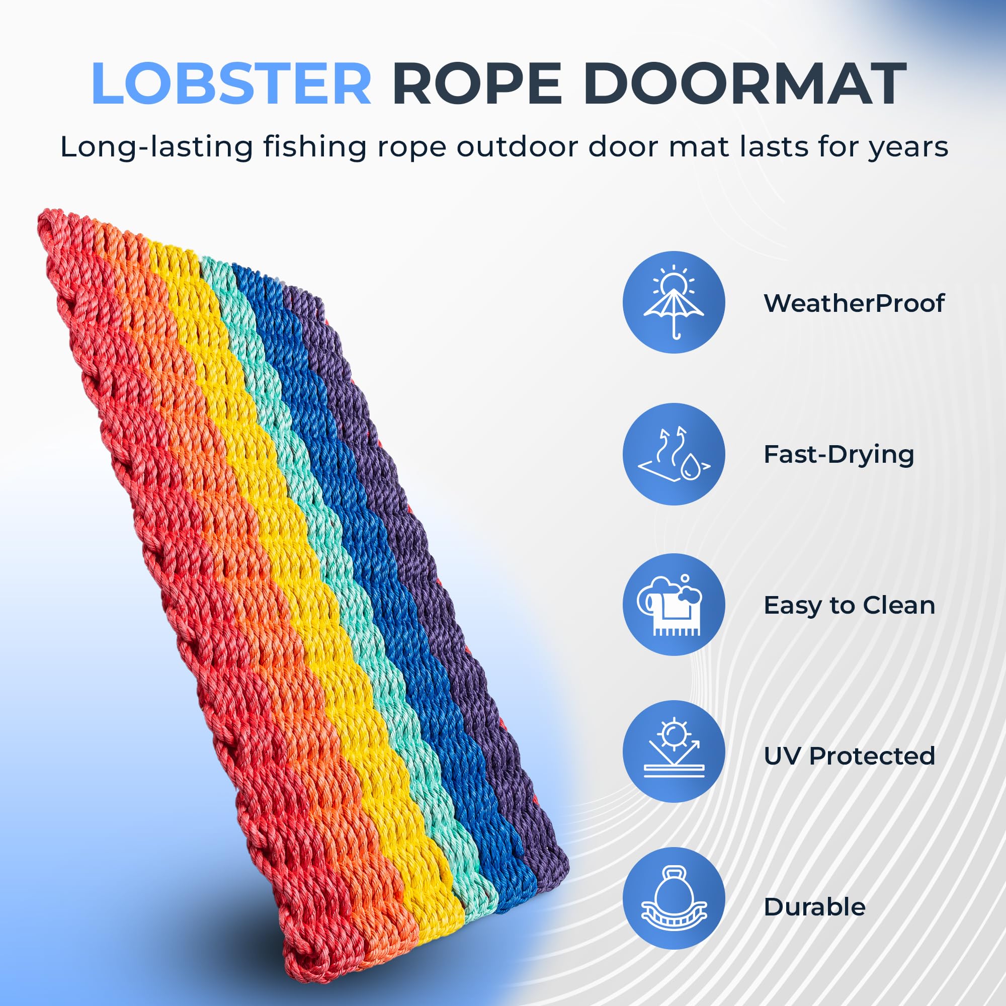 Premium Outdoor Lobster Rope Doormat - All-Weather Woven Welcome Mat from Durable Nautical Rope (Rainbow Stripe, 24x36 Inches) - Perfect for Front Door, Patio, Deck & Beach House Entryway