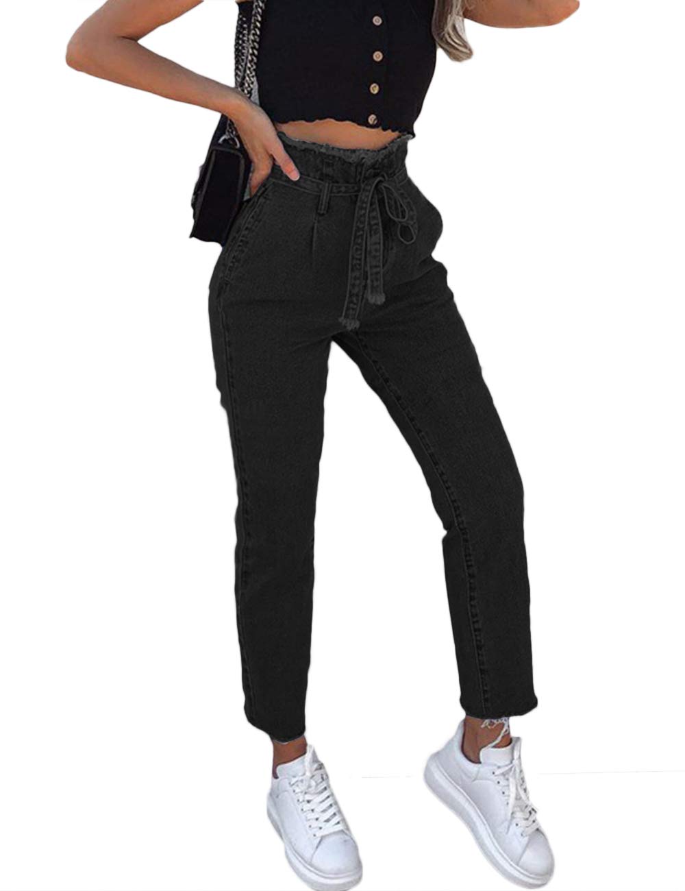 Sexyshine Women's High Waisted Denim Jeans - Loose Fit, Belted Drawstring Casual Pants for Everyday Wear | Perfect for Work, Weekend & Street Style Fashion