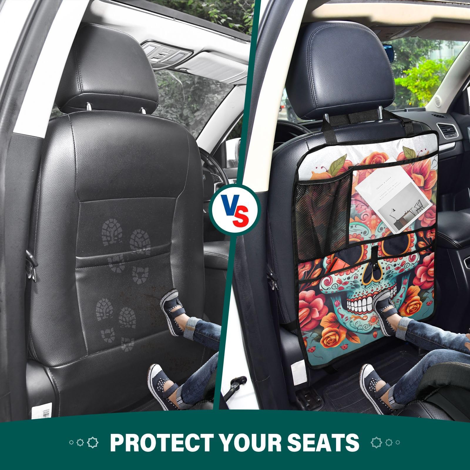 Premium 2-Pack Sugar Skull Floral Car Kick Mats - Durable Back Seat Protector for Kids with 3 Storage Pockets | Universal Fit for Trucks, SUVs & Sedans | Perfect for Road Trips, School Runs & Family Travel