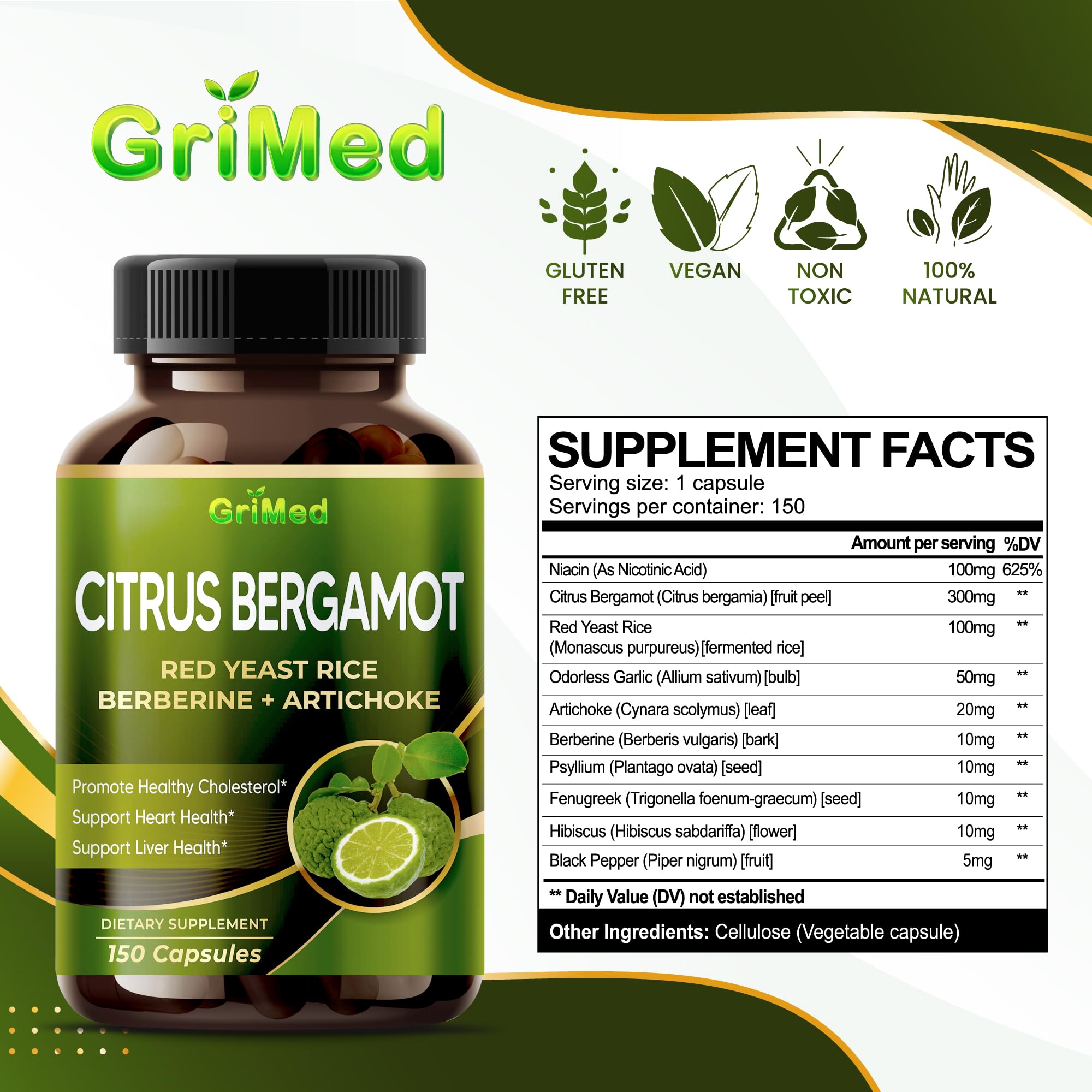 Premium Citrus Bergamot 50:1 Extract 20,400mg with Red Yeast Rice, Garlic & Artichoke - Supports Healthy Cholesterol & Heart Health - Non-GMO, Made in USA - 150 Capsules - Perfect for Daily Heart Wellness & Cardiovascular Support