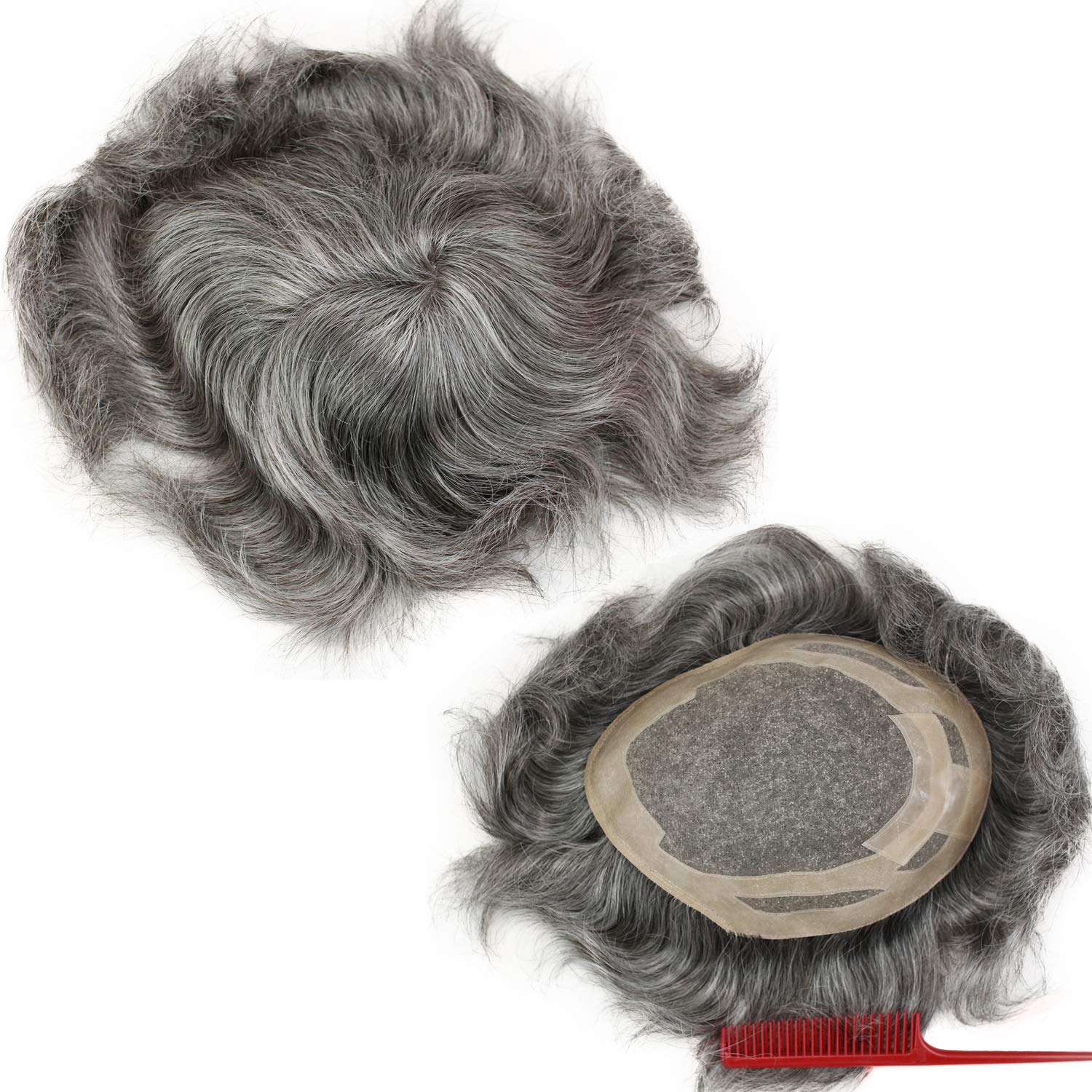 Men's Mono Lace Hair Toupee with PU Perimeter - 10x8 Inch - 40% #3 Brown & 60% Grey Blend - Natural Looking Hairpiece for Thinning Hair & Bald Spots - Perfect for Daily Wear, Work & Social Events