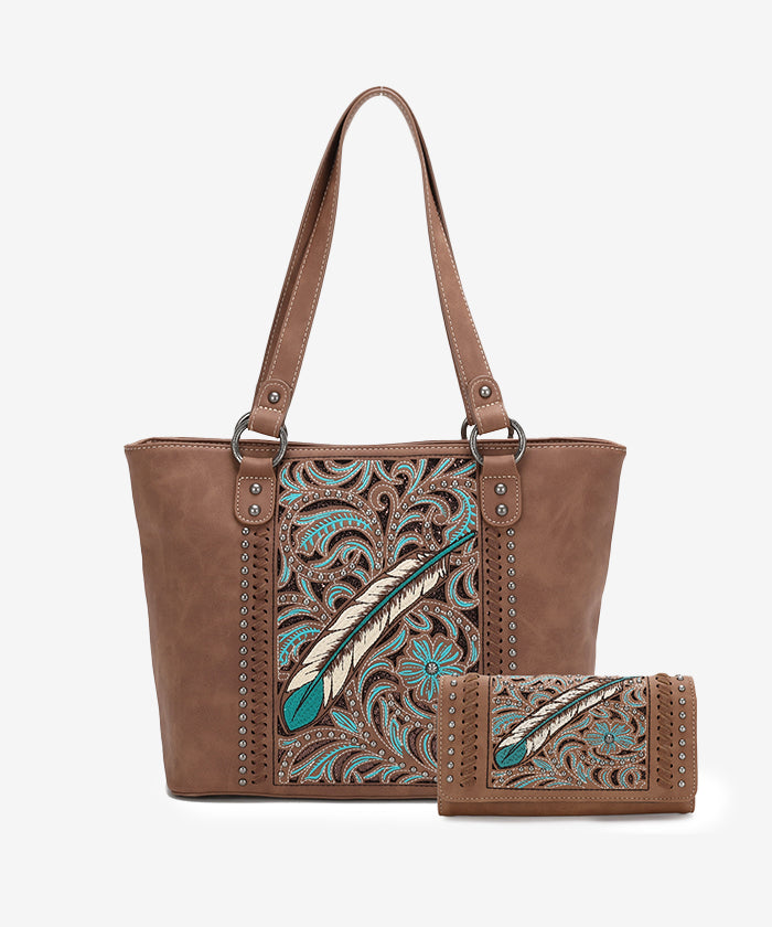 Montana West Embroidered Feather Concealed Carry Tote Set - Stylish CCW Purse with Hidden Gun Pocket for Women | Perfect for Everyday Carry, Travel & Self-Protection