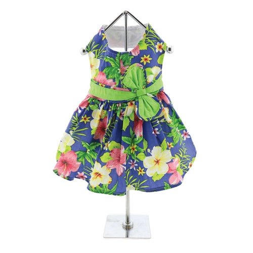 Premium Blue Lagoon Hawaiian Hibiscus Dog Harness Dress with Matching Leash - Stylish & Comfortable Pet Outfit for Beach Walks, Parties & Photo Shoots