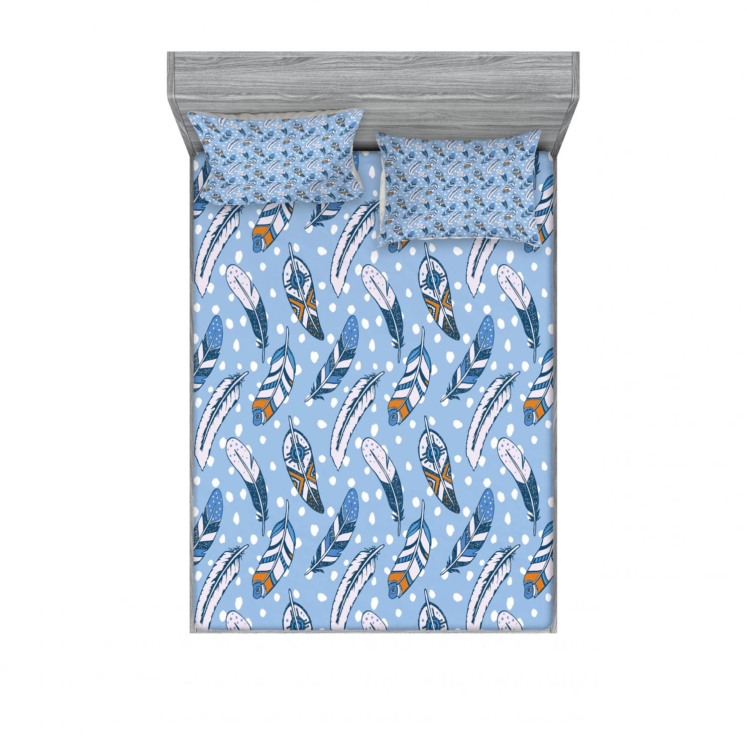 Ambesonne 2-Pack Queen Size Fitted Sheet Set with 4 Pillow Shams - Romantic Leaf Pattern Bedding in Pale Blue White Amber | Ethnic Bohemian Style Bedroom Decor for Guest Rooms & Master Suites
