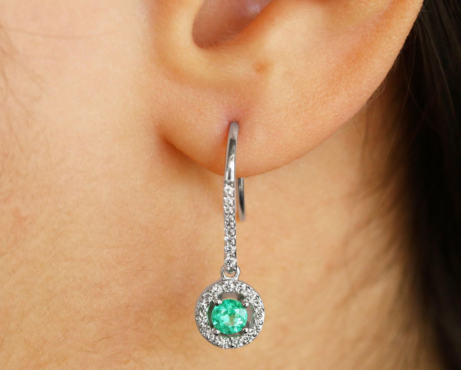 1.20tcw Genuine Emerald & Diamond Halo Dangle Earrings in 14K Gold - French Hook Style for Women, Perfect for Weddings, Parties & Special Occasions