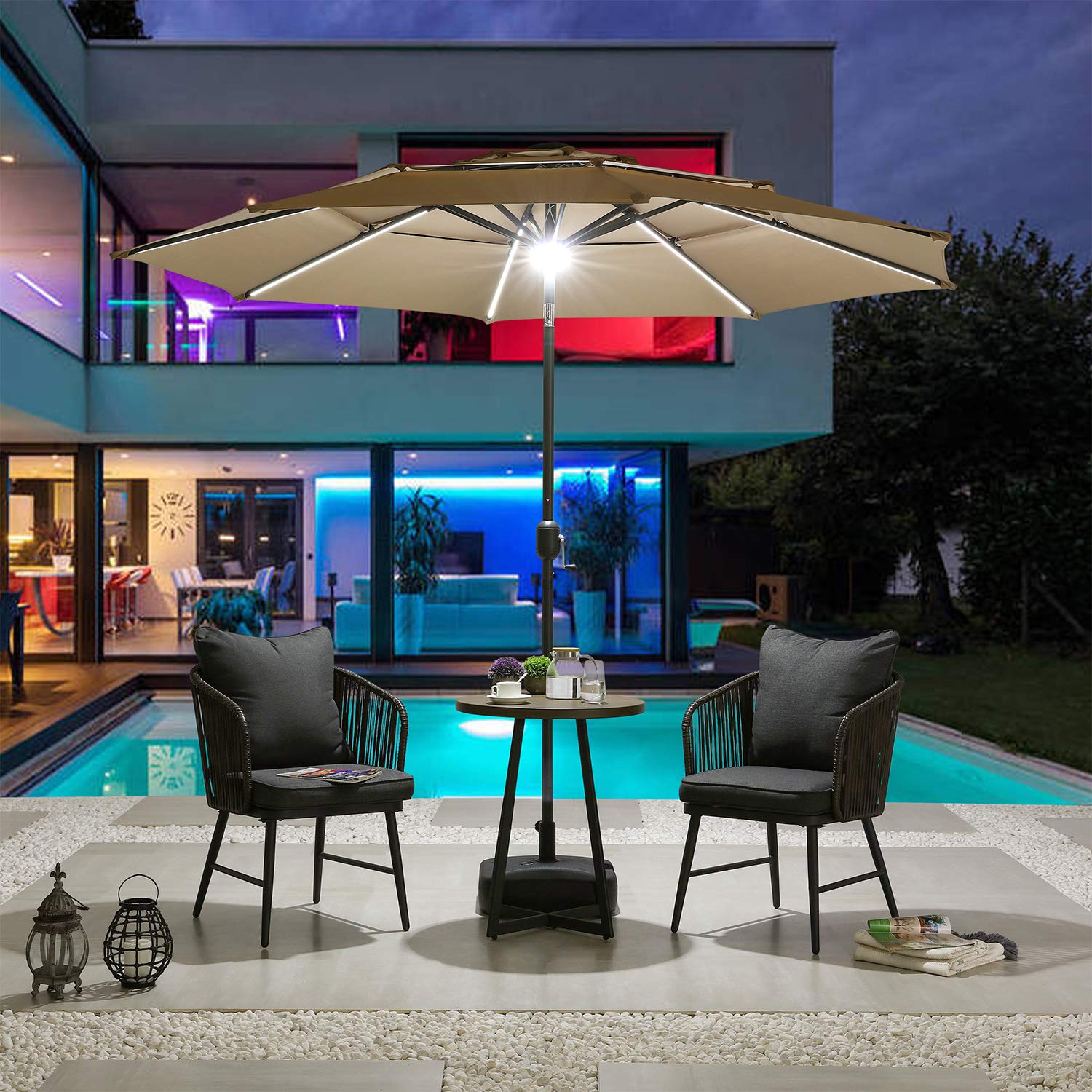 Outdoor 3-Tier Aluminum Market Umbrella with Push Button Tilt & Easy Crank - 9.8FT Patio Umbrella with 8 Solar LED Lights - All-Weather Khaki Umbrella for Backyard, Poolside & Outdoor Dining
