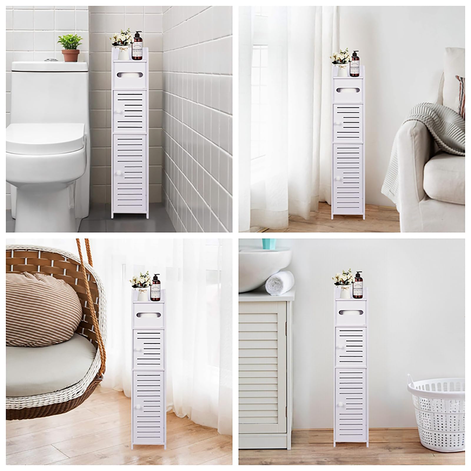 ShellKingdom White Toilet Paper Holder Stand with Doors and Shelves - Slim Bathroom Storage Cabinet for Small Spaces, Corner Floor - Perfect for Compact Bathrooms, Apartments & Powder Rooms