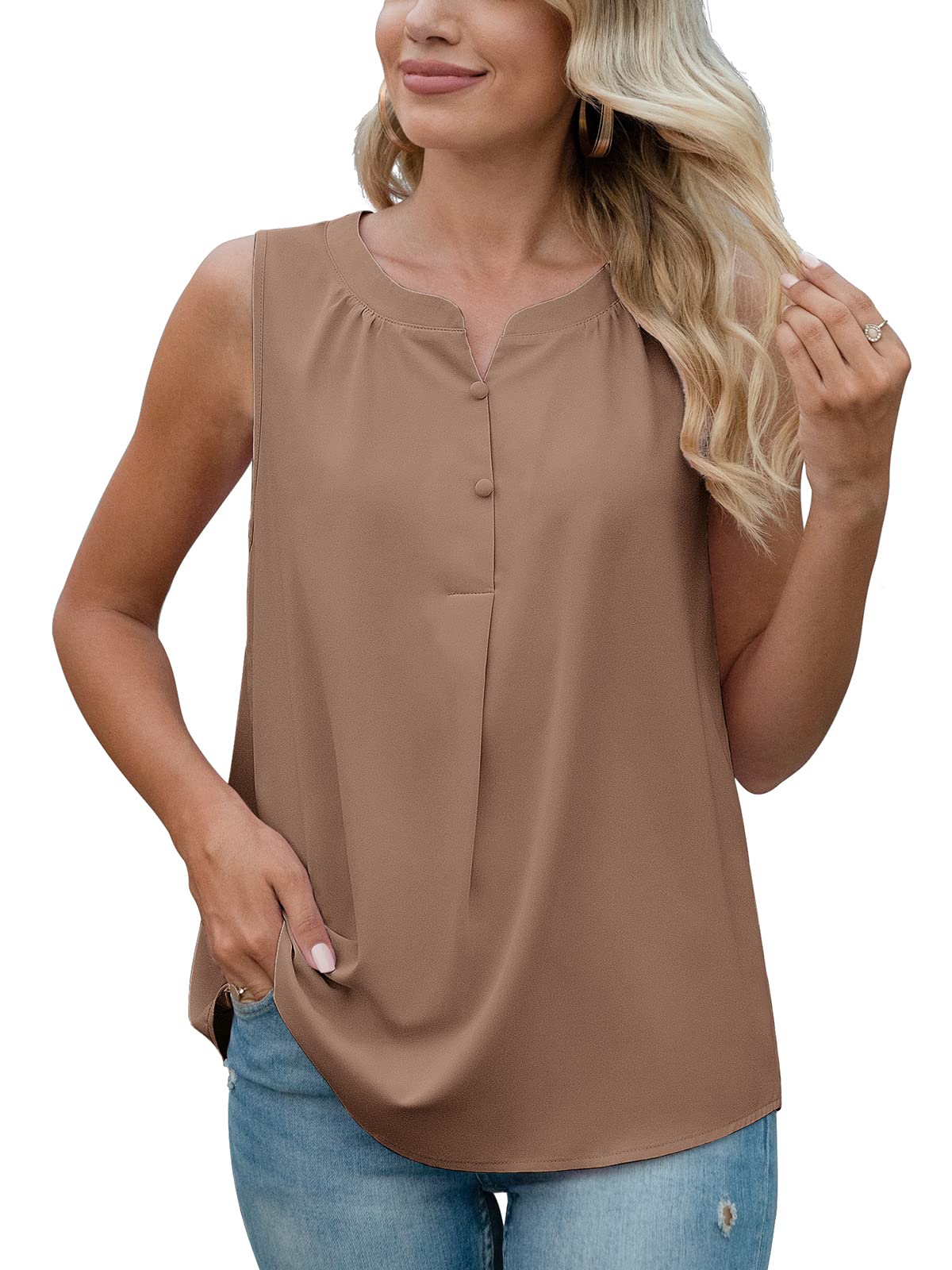 QUEZHU Women's Sleeveless Chiffon Blouse - Summer V-Neck Button Down Shirt for Work & Casual Wear | Office Outfit, Date Night, Weekend Style