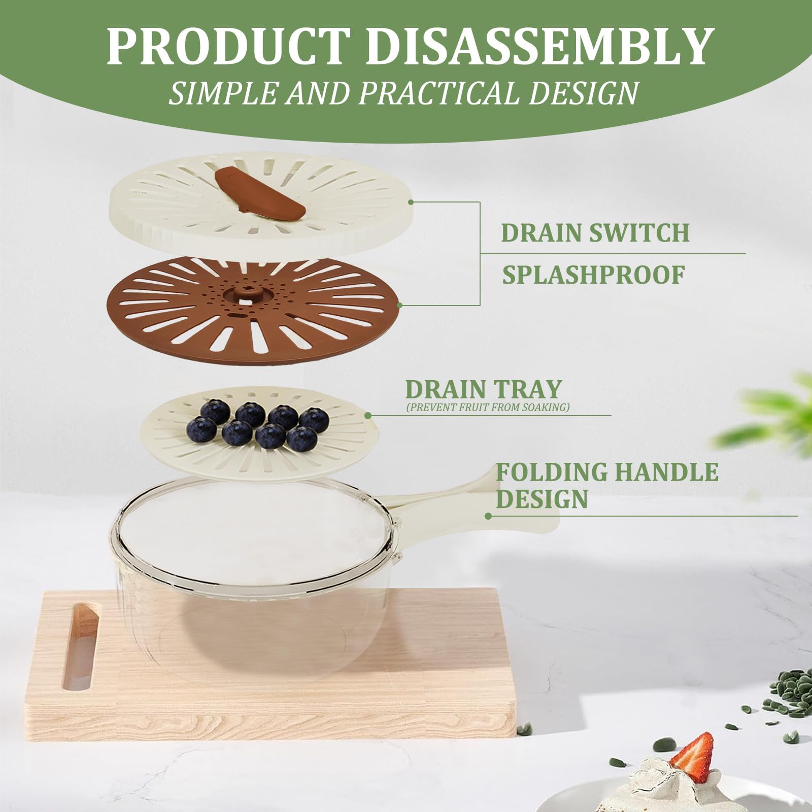 2-in-1 Multifunctional Fruit Washing Bowl with Drain Basket & Handle - Vegetable & Berry Strainer Container for Kitchen, Camping & Picnics (Brown, 2-Pack)