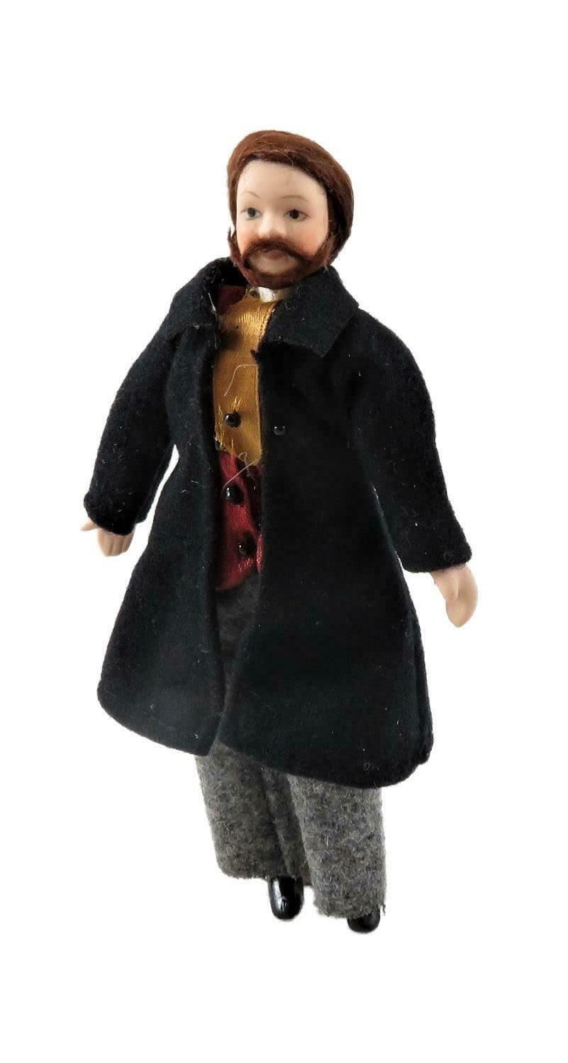 Victorian Gentleman Porcelain Doll - 1:12 Scale Frock Coat Figure for Dollhouse Miniatures | Perfect for Victorian Era Dioramas, Collectible Displays & Model Train Scenes