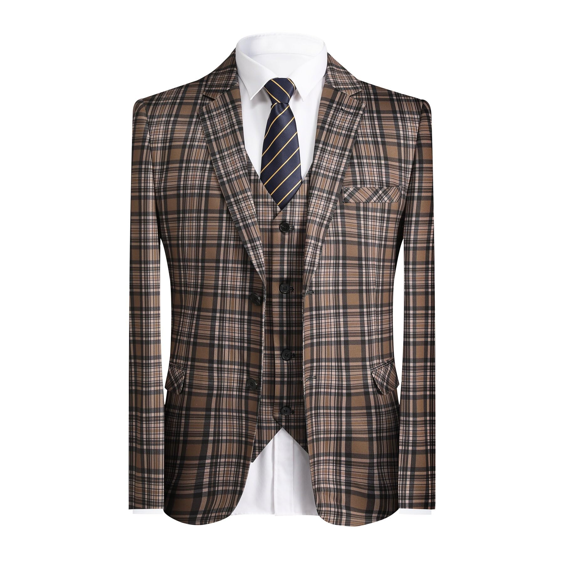 YFFUSHI Men's Slim Fit Plaid Tweed 3-Piece Suit Set - Formal Dinner Tuxedo for Weddings, Prom & Business Events