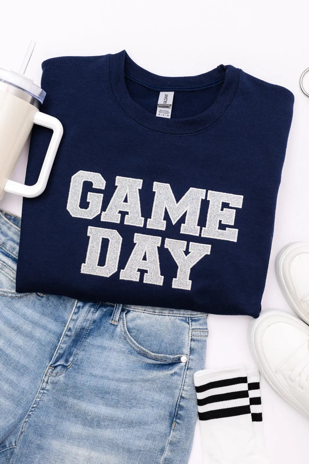 PREORDER: Embroidered Glitter Game Day Sweatshirt - Navy & Silver | Comfortable Pullover for Football, Basketball, Tailgating & Sports Events