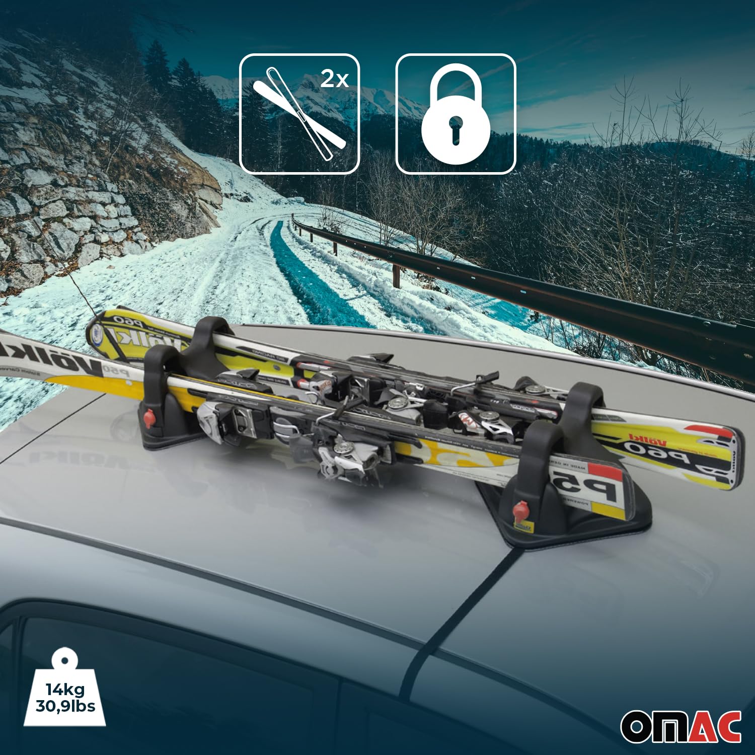OMAC Magnetic Ski & Snowboard Racks for Cars, Trucks, Vans - Universal Roof Mount Carrier (2-Pack, Black) - Perfect for Winter Sports & Mountain Adventures