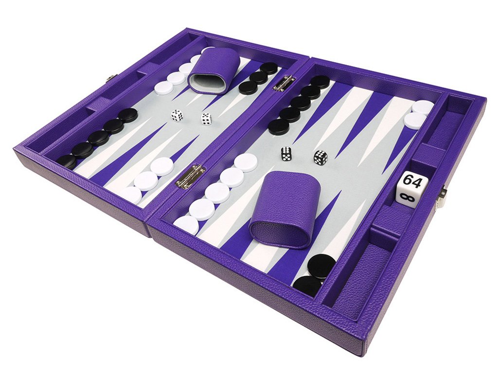 Premium 13-Inch Travel Backgammon Set - Purple Game Board with Grey Field & White/Purple Points | Portable Board Game for Camping, Beach, Picnics & Family Game Nights