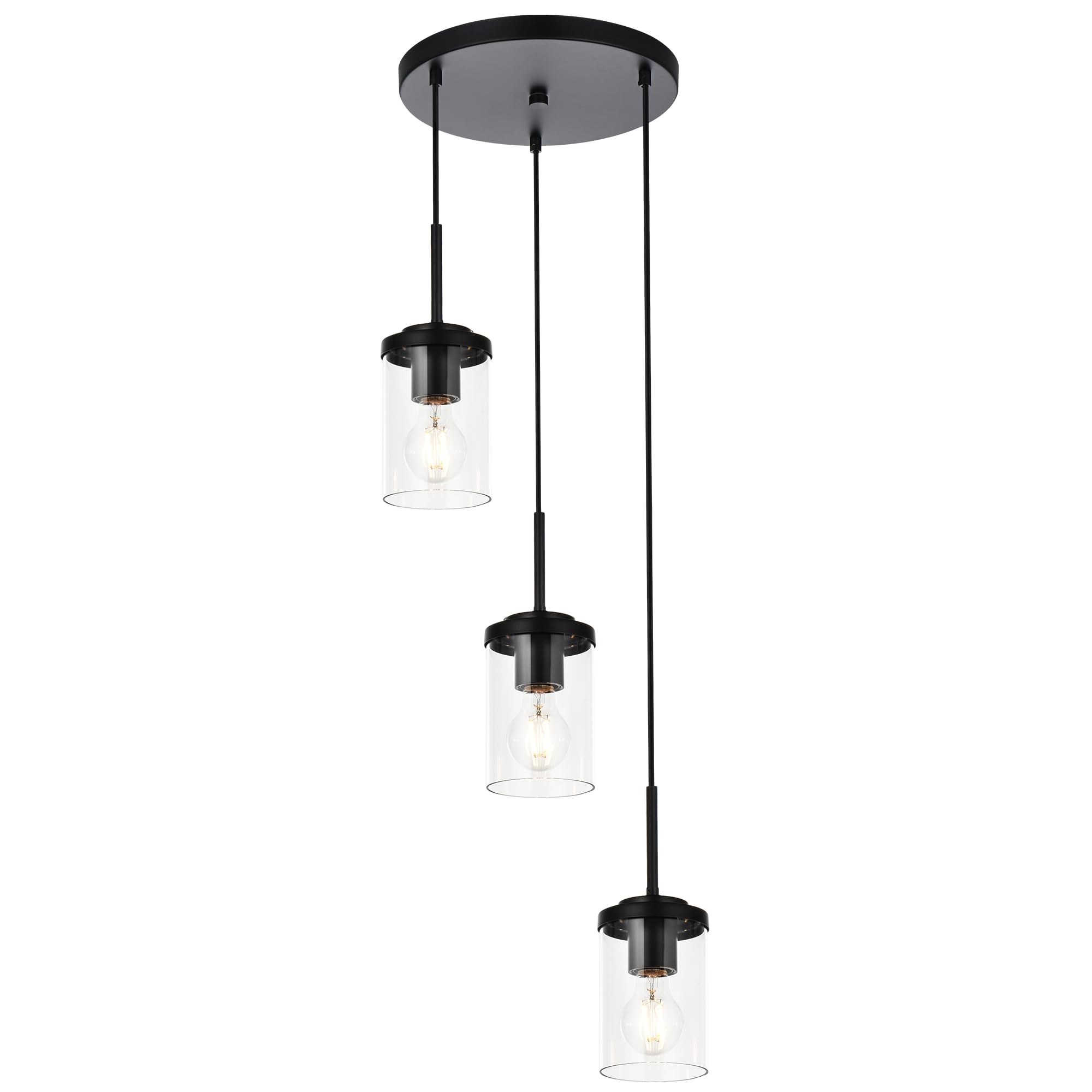 BONLICHT 3-Light Matte Black Industrial Glass Chandelier - Modern Farmhouse Cluster Pendant Lighting for Kitchen Island, Dining Room, Foyer & Hallway | Durable Hanging Ceiling Fixture for Home & Restaurant Decor