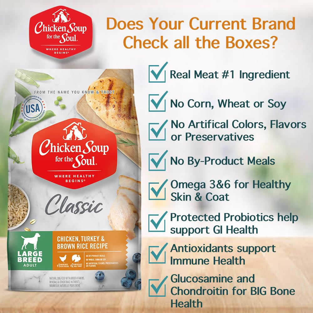 Chicken Soup for the Soul Classic Dry Large Breed Adult Dog Food - Chicken, Turkey & Brown Rice Recipe, 13.5 lb - Soy Free, Corn Free, Wheat Free - Made with Real Ingredients - Premium Nutrition for Active Large Breed Dogs