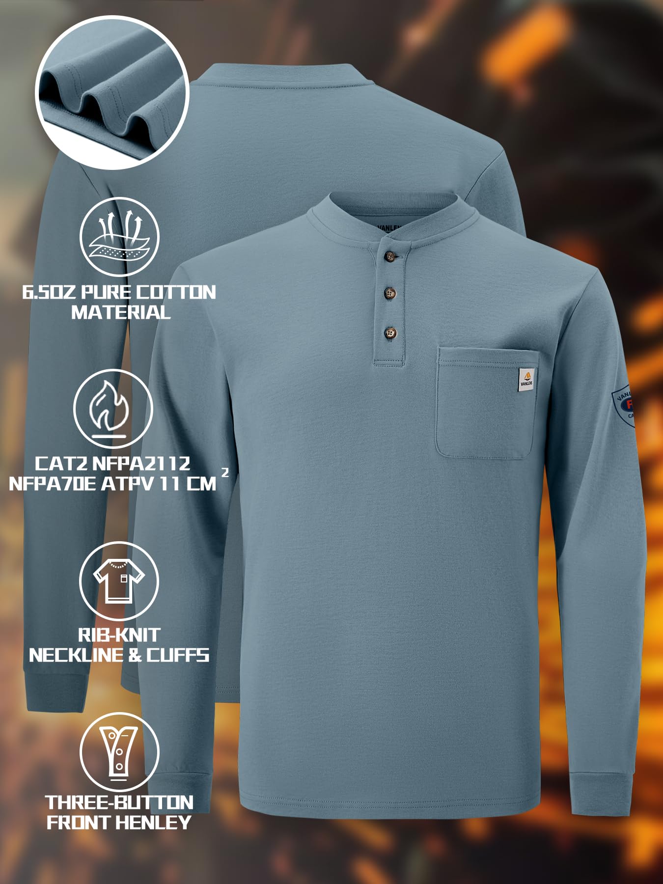 Men's Flame Resistant (FR) Shirts - Lightweight 6.5oz Long Sleeve Henley Shirts | CAT2 NFPA2112 Certified FR Clothing for Work & Outdoor Safety