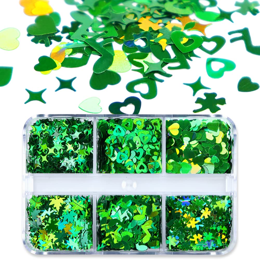 St. Patrick's Day Nail Art Glitters - Green Clover Nail Decals, 3D Holographic Shamrock & Heart Leaf Designs for Acrylic Nails, Manicure Tips & Nail Art Supplies | Perfect for St. Patrick's Day Parties, Nail Salons & DIY Nail Decorations