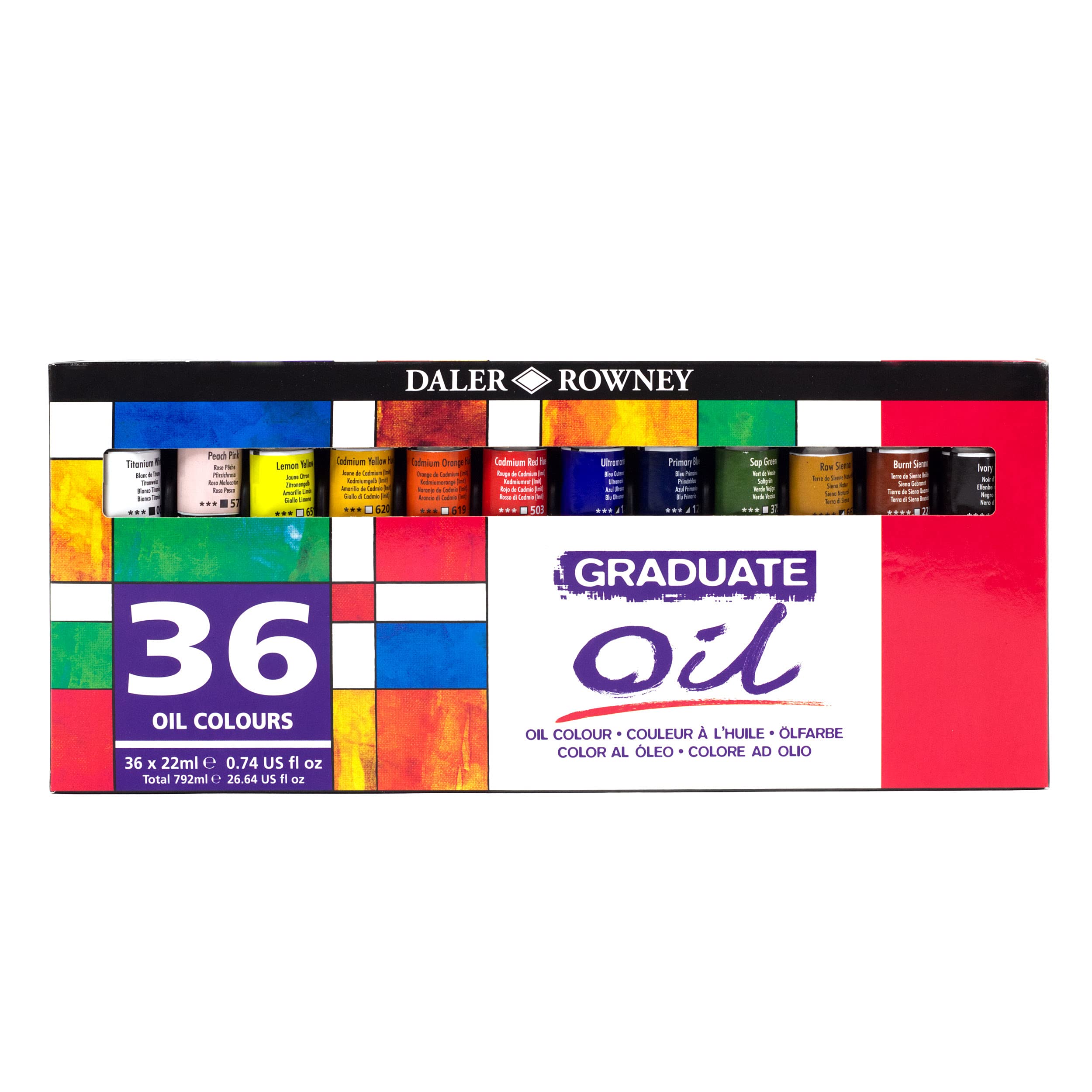 Daler Rowney Graduate 22ml Oil Paint Set - 36 Vibrant Colors with High Lightfastness - Professional Quality Oil Paints for Student Artists & Hobbyists - Perfect for Canvas Painting, Portrait Art & DIY Projects
