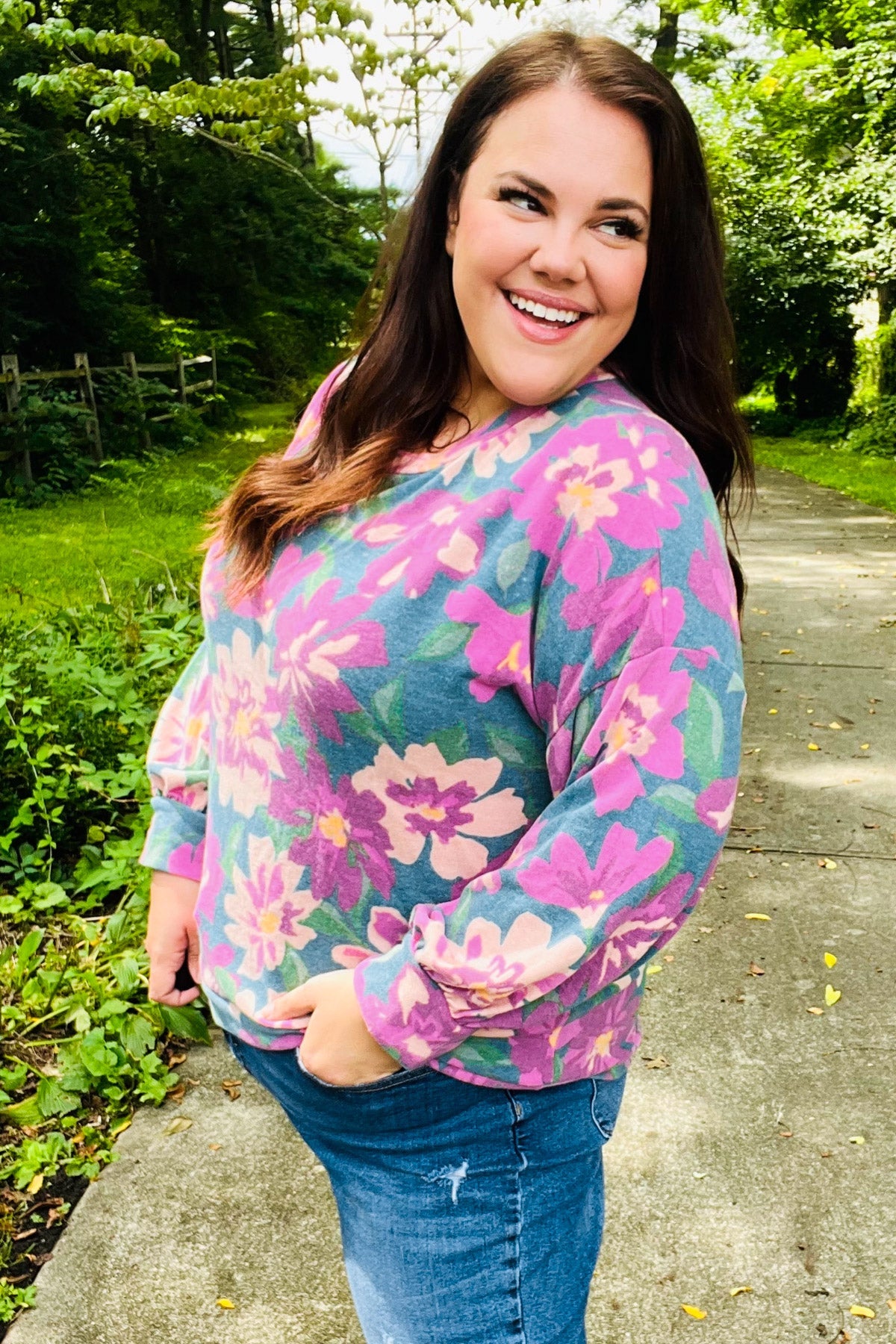 Feeling Femme Teal Floral Brushed Hacci Sweater Top | Women's Casual Knit Pullover | Perfect for Fall Outfits & Coffee Dates