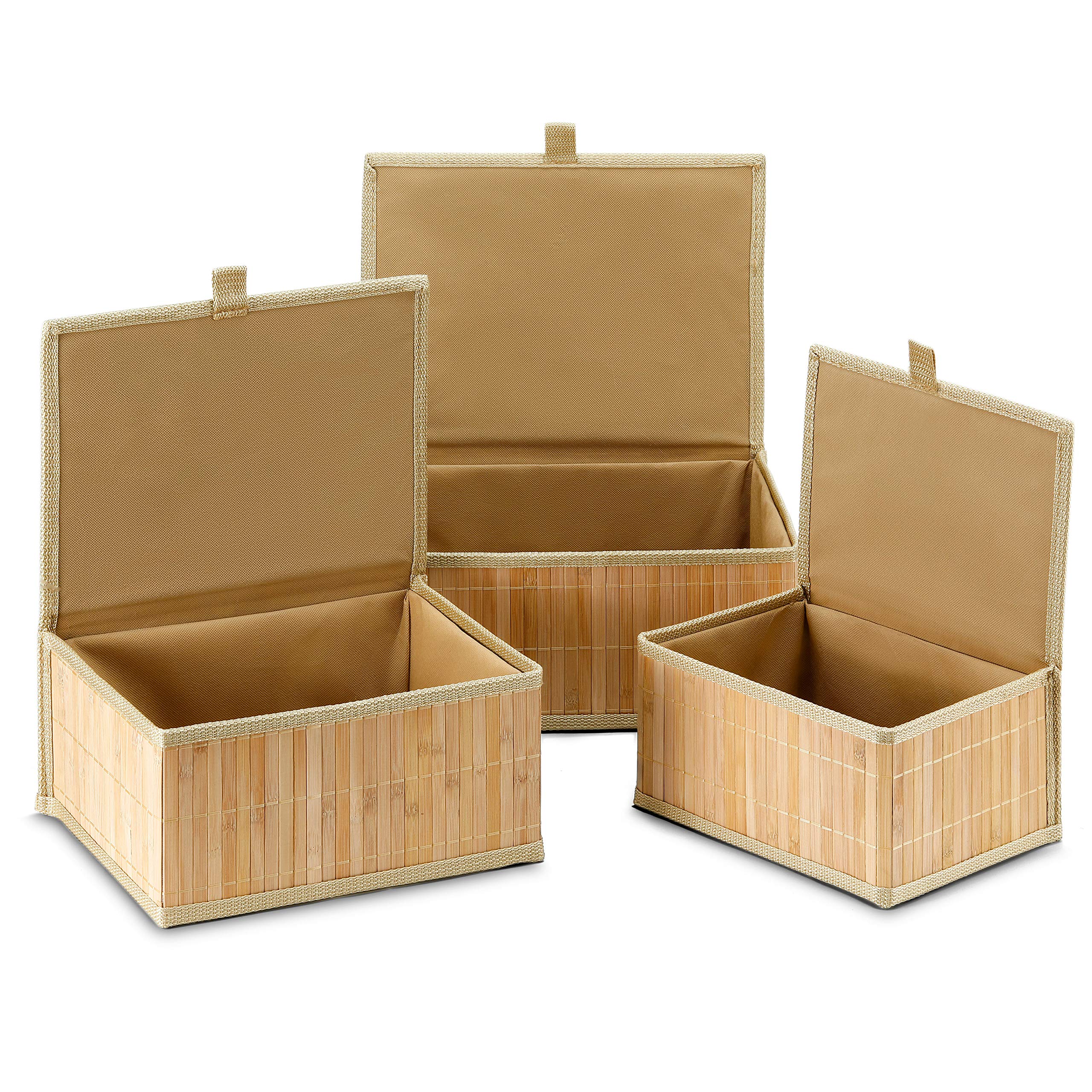 Honygebia Set of 3 Bamboo Storage Baskets with Lids - Woven Lined Decorative Organizer Boxes for Home, Kitchen, Shelf | Beige Wicker Baskets for Home Decor, Pantry Organization & Gift Wrapping Storage