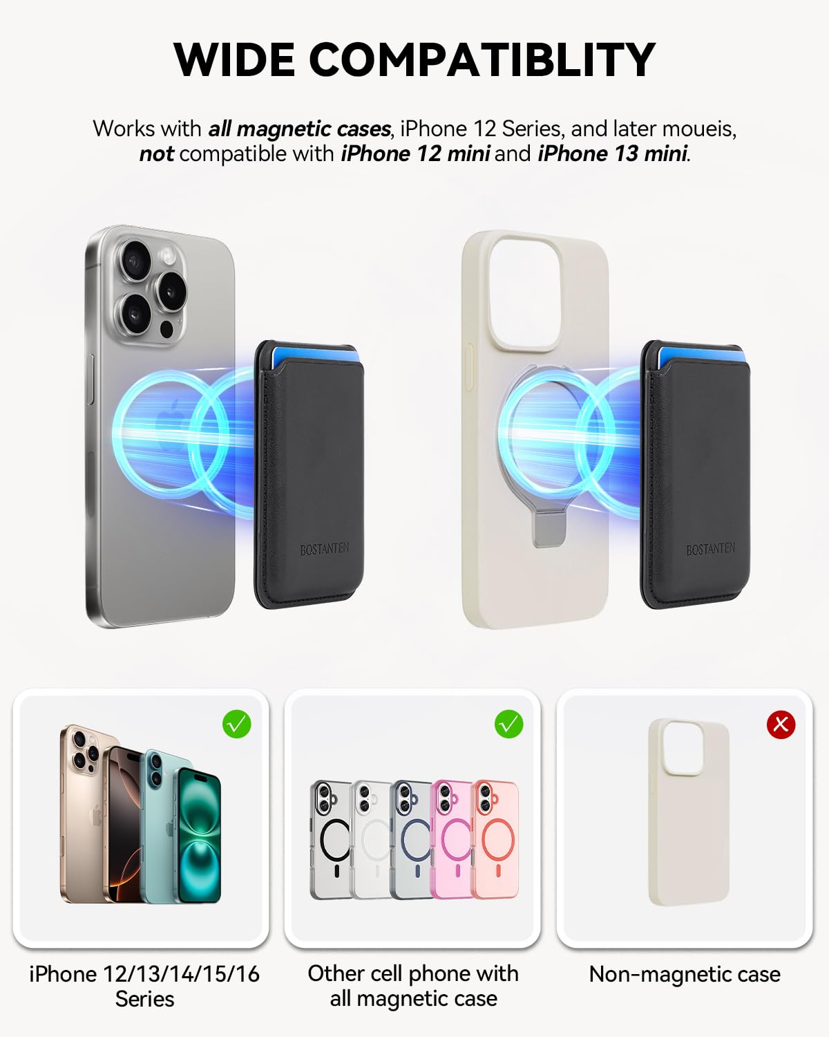 BOSTANTEN MagSafe Wallet Stand for iPhone 16/15/14/13/12 - 3 Card Holder | Daily Use & Travel